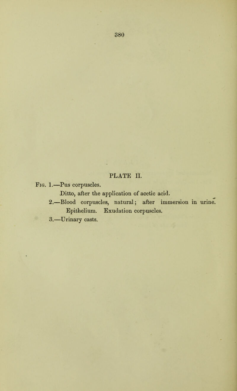 PLATE 11. Fig. 1.—Pus corpuscles. Ditto, after the application of acetic acid. 2. —Blood corpuscles, natural; after immersion in urine. Epithelium. Exudation corpuscles. 3. —Urinary casts.