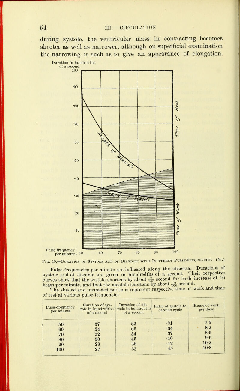 during systole, the ventricular mass in contracting becomes shorter as well as narrower, although on superficial examination the narrowing is such as to give an appearance of elongation. Duration in hundredth of a second 100 Pulse frequency) . „ , per minute) 50 60 70 80 90 100 Fia. 19.—Duration or Systole and of Diastole with Different puLSE-rREQUENCLES. (W.) Pulse-frequencies per minute are indicated along the abscissa. Durations of systole and of diastole are given in hundredths of a second. Their respective curves show that the systole shortens by about ^ second for each increase ot 10 beats per minute, and that the diastole shortens by about second. The shaded and unshaded portions represent respective time of work and time Pulse-frequency per minute Duration of sys- tole in hundredths of a second Duration of dia- stole in hundredths of a second Ratio of systole to cardiac cycle Hours of work per diem 50 37 83 •31 7-5 60 34 66 •34 8^2 70 32 54 •37 8^9 80 30 45 •40 9^6 90 28 38 •42 10-2 100 27 33 •45 10-8