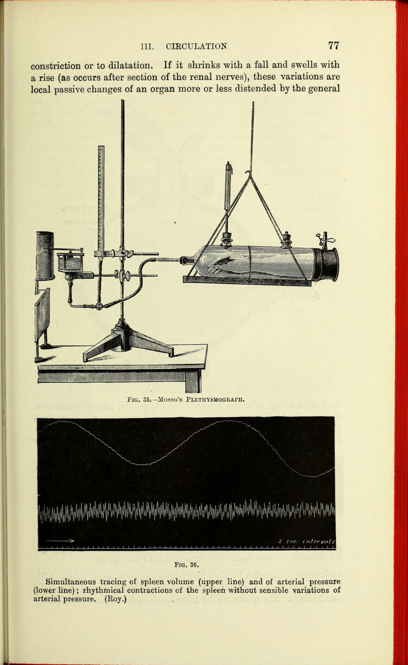 constriction or to dilatation. If it shrinks with a fall and swells with a rise (as occurs after section of the renal nerves), these variations are local passive changes of an organ more or less distended by the general Fig. 35.—Mosso's Plethysmogeaph. Pig. 36. Simultaneous tracing of spleen volume (upper line) and of arterial pressure (lower line); rhythmical contractions of the spleen without sensible variations of arterial pressure. (Roy.)
