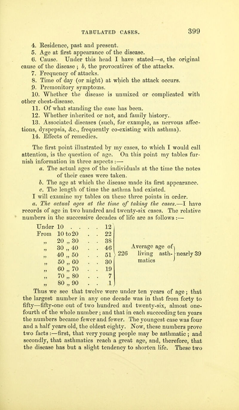 4. Residence, past and present. 5. Age at first appearance of the disease. (). Cause. Under this head I have stated—a, the original cause of the disease ; 5, the provocatives' of the attacks. 7. Frequency of attacks. 8. Time of day (or night) at which the attack occurs. 9. Premonitory symptoms. 10. Whether the disease is unmixed or complicated with other chest-disease, 11. Of what standing the case has been. 12. Whether inherited or not, and family history. 13. Associated diseases (such, for example, as nervous affec- tions, dyspepsia, &c., frequently co-existing with asthma). 14. Effects of remedies. The first point illustrated by my cases, to which I would call attention, is the question of age. On this point my tables fur- nish information in three aspects :—• a. The actual ages of the individuals at the time the notes of their cases were taken. 5. The age at which the disease made its first appearance. c. The length of time the asthma had existed. I will examine my tables on these three points in order. a. The actual ages at the time of talcing the cases.—I have records of age in two hundred and twenty-six cases. The relative numbers in the successive decades of life are as follows :— Under 10 . . . . 12 From 10 to 20 . . 22 „ 20 „ 30 . . 38 „ 30 „ 40 . . 46 „ 40 „ 50 . . 51 „ 50 „ 60 . . 30 „ 60 „ 70 . . 19 „ 70 „ 80 . . 7 „ 80 „ 90 . 1 Average age of living asth- matics nearly 39 Thus we see that twelve were under ten years of age; that the largest number in any one decade was in that from forty to fifty—fifty-one out of two hundred and twenty-six, almost one- fourth of the whole number ; and that in each succeeding ten years the numbers became fewer and fewer. The youngest case was four and a half years old, the oldest eighty. Now, these numbers prove two facts :—first, that very young people may be asthmatic ; and secondly, that asthmatics reach a great age, and, therefore, that the disease has but a slight tendency to shorten life. These two