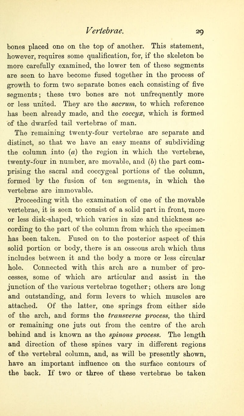 bones placed one on the top of another. This statement, however, requires some qualification, for, if the skeleton be more carefully examined, the lower ten of these segments are seen to have become fused together in the process of growth to form two separate bones each consisting of five segments; these two bones are not unfreqnently more or less united. They are the sacrum^ to which reference has been already made, and the coccyx^ which is formed of the dwarfed tail vertebrae of man. The remaining twenty-four vertebrae are separate and distinct, so that we have an easy means of subdividing the column into {a) the region in which the vertebrae, twenty-four in number, are movable, and (&) the part com- prising the sacral and coccygeal portions of the column, formed by the fusion of ten segments, in which the vertebrae are immovable. Proceeding with the examination of one of the movable vertebrae, it is seen to consist of a solid part in front, more or less disk-shaped, which varies in size and thickness ac- cording to the part of the column from which the specimen has been taken. Fused on to the posterior aspect of this solid portion or body, there is an osseous arch which thus includes between it and the body a more or less circular hole. Connected with this arch are a number of pro- cesses, some of which are articular and assist in the junction of the various vertebrae together; others are long and outstanding, and form levers to which muscles are attached. Of the latter, one springs from either side of the arch, and forms the transverse process, the third or remaining one juts out from the centre of the arch behind and is known as the spinous process. The length and direction of these spines vary in different regions of the vertebral column, and, as will be presently shown, have an important influence on the surface contours of the back. If two or three of these vertebrae be taken