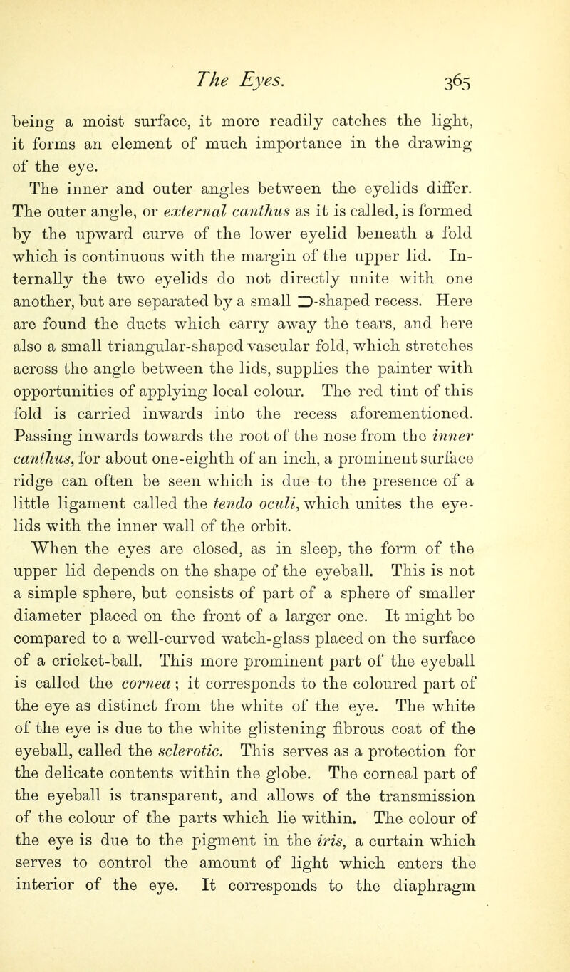 being a moist surfkce, it more readily catches the light, it forms an element of much importance in the drawing of the eye. The inner and outer angles between the eyelids differ. The outer angle, or external cantlius as it is called, is formed by the upward curve of the lower eyelid beneath a fold which is continuous with the margin of the upper lid. In- ternally the two eyelids do not directly unite with one another, but are separated by a small 3-shaped recess. Here are found the ducts which carry away the tears, and here also a small triangular-shaped vascular fold, which stretches across the angle between the lids, supplies the painter with opportunities of applying local colour. The red tint of this fold is carried inwards into the recess aforementioned. Passing inwards towards the root of the nose from the inner canthus, for about one-eighth of an inch, a prominent surface ridge can often be seen which is due to the presence of a little ligament called the tendo ocult, which unites the eye- lids with the inner wall of the orbit. When the eyes are closed, as in sleep, the form of the upper lid depends on the shape of the eyeball. This is not a simple sphere, but consists of part of a sphere of smaller diameter placed on the front of a larger one. It might be compared to a well-curved watch-glass placed on the surface of a cricket-ball. This more prominent part of the eyeball is called the cornea ; it corresponds to the coloured part of the eye as distinct from the white of the eye. The white of the eye is due to the white glistening fibrous coat of the eyeball, called the sclerotic. This serves as a protection for the delicate contents within the globe. The corneal part of the eyeball is transparent, and allows of the transmission of the colour of the parts which lie within. The colour of the eye is due to the pigment in the iris, a curtain which serves to control the amount of light which enters the interior of the eye. It corresponds to the diaphragm