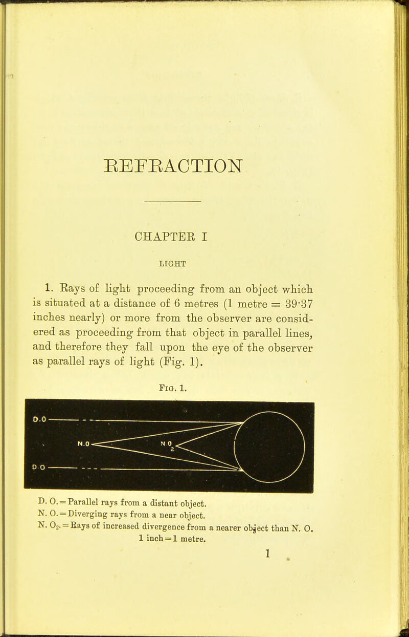 REFRACTION CHAPTER I LIGHT 1. Bays of light proceeding from an object which is situated at a distance of 6 metres (1 metre = 39-37 inches nearly) or more from the observer are consid- ered as proceeding from that object in parallel lines, and therefore they fall upon the eye of the observer as parallel rays of light (Fig. 1). Fig. 1. D. 0. = Parallel rays from a distant object. N. 0. = Diverging rays from a near object. N. 02. = Rays of increased divergence from a nearer object than N. O. 1 inch = l metre.