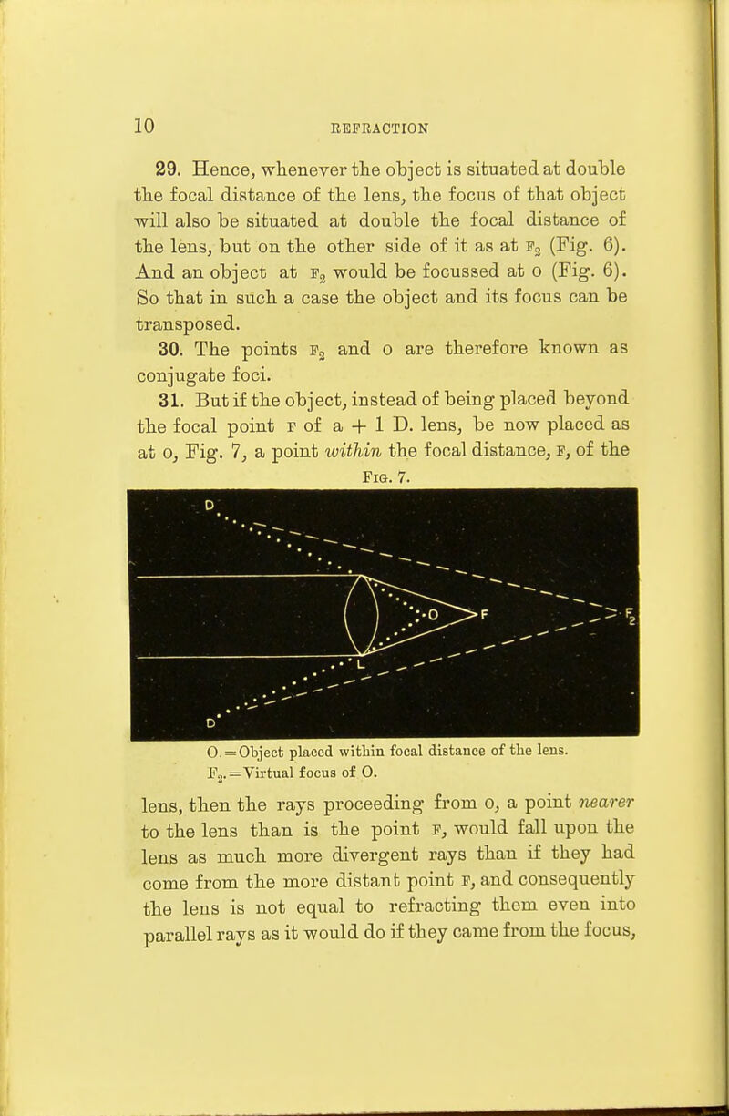 29. Hence, whenever the object is situated at double the focal distance of the lens, the focus of that object will also be situated at double the focal distance of the lens, but on the other side of it as at f2 (Fig. 6). And an object at f2 would be focussed at o (Fig. 6). So that in such a case the object and its focus can be transposed. 30. The points F2 and o are therefore known as conjugate foci. 31. But if the object, instead of being placed beyond the focal point f of a + lD. lens, be now placed as at o, Fig. 7, a point within the focal distance, f, of the Fig. 7. 0 = Object placed within focal distance of the lens. F2.=Virtual focus of 0. lens, then the rays proceeding from o, a point nearer to the lens than is the point f, would fall upon the lens as much more divergent rays than if they had come from the more distant point f, and consequently the lens is not equal to refracting them even into parallel rays as it would do if they came from the focus,