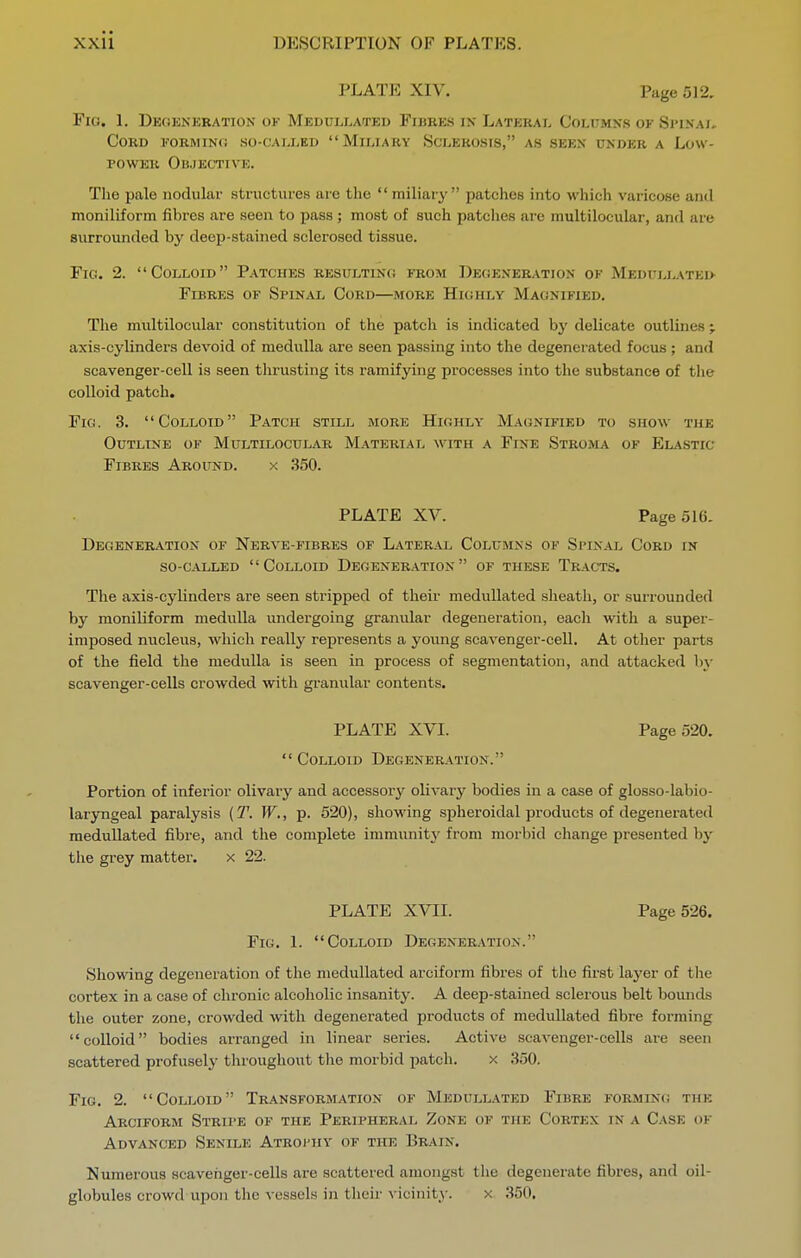 PLATE XIV. Page 512, Fig. 1. Dkoenebation ok Medullated Fibres ik Lateral Colcmns of Si'inai. Cord formino so-called Miliary Sclerosis, as seen under a Low- power Objective. The pale nodular structures are the  miliarj' patches into which varicose and moniliform fibres are seen to pass ; most of such patches are multilocular, and are surrounded by deep-stained sclerosed tissue. Fig. 2. Colloid Patches resulting from Degeneration of Medulj,atki> Fibres of Spinal Cord—more Highly Magnified. The multilocular constitution of the patch is indicated hy delicate outlines ; axis-cylinders devoid of medulla are seen passing into the degenerated focus ; and scavenger-cell is seen tlirusting its ramifying processes into the substance of the colloid patch. Fig, 3. Colloid Patch still more Highly Magnified to show the Outline of Multilocular Material with a Fixe Stroma of Elastic Fibres Around. x .350. PLATE XV. Page 516. Degeneration of Nerve-fibres of Lateral Columns of Spinal Cord in so-called Colloid Degeneration of these Tracts. The axis-cylinders are seen stripped of their medullated sheath, or surrounded by moniliform medulla undergoing granular degeneration, each with a super- imposed nucleus, which really represents a young scavenger-cell. At other parts of the field the medulla is seen in process of segmentation, and attacked by scavenger-cells crowded with granular contents. PLATE XVI. Page 520.  Colloid Degeneration. Portion of inferior olivary and accessory olivary bodies in a case of glosso-labio- laryngeal paralysis (1\ W., p. 520), showing spheroidal products of degenerated medullated fibre, and the complete immunity from morbid change presented by the grey matter. x 22. PLATE XVII. Page 526. Fig, 1. Colloid Degeneration. Showing degeneration of the medullated arciform fibres of the first layer of the cortex in a case of chronic alcoholic insanity. A deep-stained sclerous belt bounds the outer zone, crowded with degenerated products of medullated fibre forming colloid bodies arranged in linear series. Active scavenger-cells ai-e seen scattered profusely throughout tlio morbid patch. x 350. Fig. 2. Colloid Transformation of Medullated Fibre forming the Arciform Stripe of the Peripheral Zone of the Cortex in a Case ok Advanced Senile Atroi'hy of the Brain. Numerous scavehger-cells are scattered amongst the degenerate fibres, and oil- gloVjules crowd upon the vessels in their vicinity. x 350.