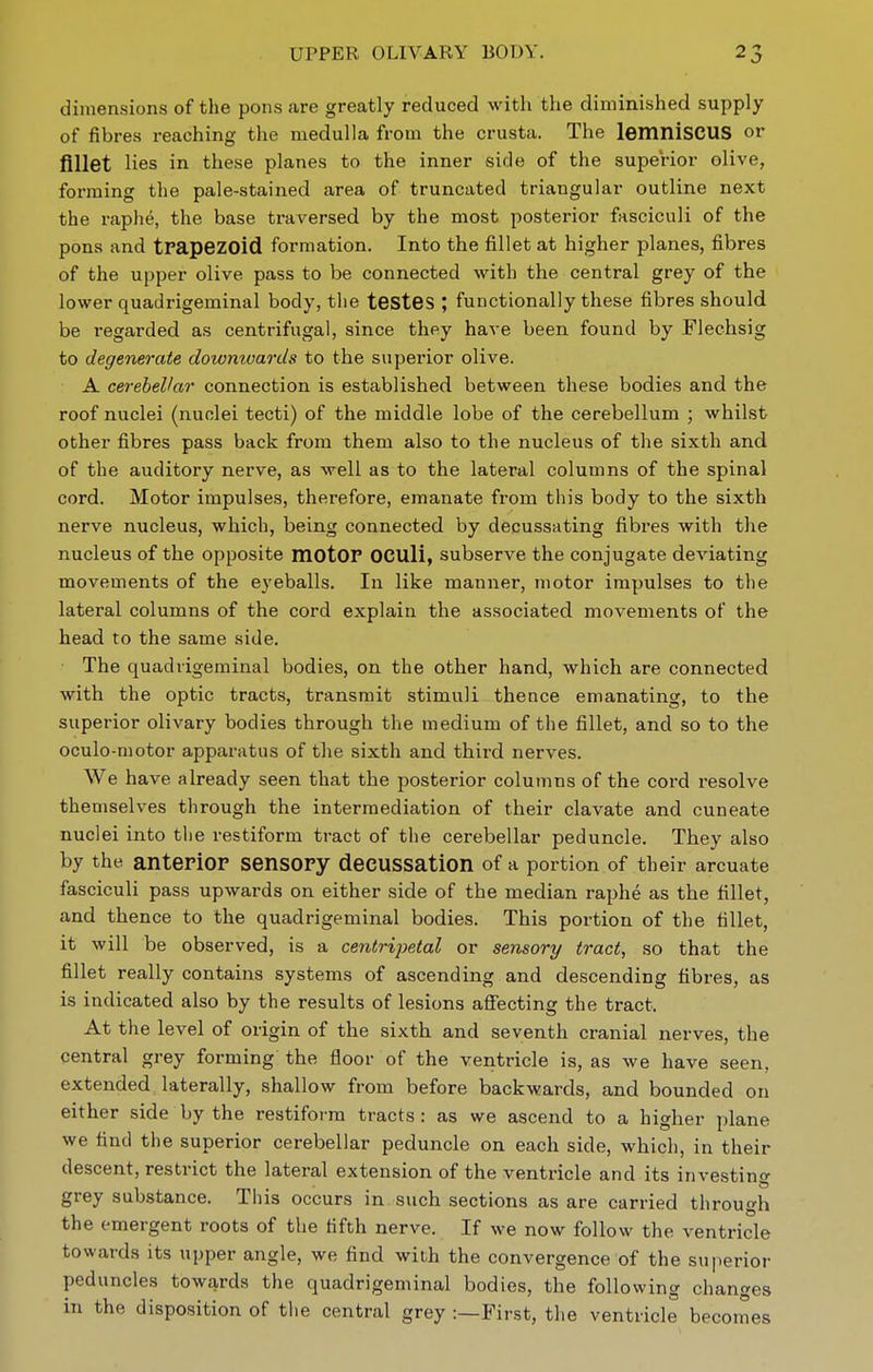 dimensions of the pons are greatly reduced with the diminished supply of fibres reaching the medulla from the crusta. The lemnisCUS or fillet lies in these planes to the inner side of the superior olive, forming the pale-stained area of truncated triangular outline next the raphe, the base traversed by the most posterior fasciculi of the pons and trapezoid formation. Into the fillet at higher planes, fibres of the upper olive pass to be connected with the central grey of the lower quadrigeminal body, the testes ; functionally these fibres should be regarded as centrifugal, since they have been found by Flechsig to degenerate dowmoards to the superior olive. A cerebellar connection is established between these bodies and the roof nuclei (nuclei tecti) of the middle lobe of the cerebellum ; whilst other fibres pass back from them also to the nucleus of the sixth and of the auditory nerve, as well as to the lateral columns of the spinal cord. Motor impulses, therefore, emanate from this body to the sixth nerve nucleus, which, being connected by decussating fibres with the nucleus of the opposite motOP OCUli, subserve the conjugate deviating movements of the eyeballs. In like manner, motor impulses to the lateral columns of the cord explain the associated movements of the head to the same side. The quad rigeminal bodies, on the other hand, which are connected with the optic tracts, transmit stimuli thence emanating, to the superior olivary bodies through the medium of the fillet, and so to the oculo-niotor apparatus of the sixth and third nerves. We have already seen that the posterior columns of the cord resolve themselves through the intermediation of their clavate and cuneate nuclei into the restiform tract of the cerebellar peduncle. They also by the anterior sensory decussation of a portion of their arcuate fasciculi pass upwards on either side of the median raphe as the fillet, and thence to the quadrigeminal bodies. This portion of the fillet, it will be observed, is a centripetal or sensory tract, so that the fillet really contains systems of ascending and descending fibres, as is indicated also by the results of lesions affecting the tract. At the level of origin of the sixth and seventh cranial nerves, the central grey forming the floor of the ventricle is, as we have seen, extended laterally, shallow from before backwards, and bounded on either side by the restiform tracts : as we ascend to a higher plane we find the superior cerebellar peduncle on each side, which, in their descent, restrict the lateral extension of the ventricle and its investing grey substance. This occurs in such sections as are carried through the emergent roots of the fifth nerve. If we now follow the ventricle towards its upper angle, we find with the convergence of the superior peduncles towards the quadrigeminal bodies, the following changes in the disposition of tiie central grey :—First, the ventricle becomes