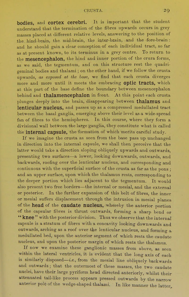 bodies, and cortex cerebri. It is important that the student understand that the termination of the fibres upwards occurs in grey masses placed at different relative levels, answering to the position of the hind-brain, the mid.brain, the inter-bcain, and the fore-brain : and he should gain a clear conception of each individual tract, so far as at present known, to its terminus in a grey centre. To return to the mesencephalon, the hind and inner portion of the crura forms, as we said, the tegmentum, and on this structure rest the quadri- creminal bodies and thalami: on the other hand, if we follow the crusta upwards, as exposed at the base, we find that each crusta diverges more and more until it meets the embracing optiC tractS, which at this part of the base define the boundary between mesencephalon behind and thalamcncephalon in front. At this point each crusta plunges deeply into the brain, disappearing between thalamus and lenticular nucleus, and passes up as a compressed meduHated tract between the basal ganglia, emerging above their level as a wide-spread fan of fibres to the hemispheres. In this course, where they form a divisional wall between the large ganglia, they constitute what is called the internal capsule, the formation of which merits careful study. If we imagine the crusta as seen from the base pass up unchanged in direction into the internal capsule, we shall then perceive that the latter would take a direction sloping obliquely upwards and outwards, presenting two surfaces—a lower, looking downwards, outwards, and backwards, roofing over the lenticular nucleus, and corresponding and continuous with the superficial surface of the crusta as far as the pons ; and an upper surface, upon which the thalamus rests, corresponding to the deeper portion which lies adjacent to the tegmentum. It would also present two free borders—the internal or mesial, and the external or posterior. In the further expansion of this belt of fibres, the inner or mesial suffers displacement through the intrusion in mesial planes- of the head of the caudate nucleus, whereby the anterior portion of the capsular fibres is thrust outwards, forming a sharp bend or  knee  with the posterior division. Thus we observe that the internal capsule is a stratum of fibres with a concavity looking downwards and outwards, arching as a roof over the lenticular nucleus, and forming a. medullated bed, upon the anterior segment of which rests the caudate nucleus, and upon the posterior margin of which rests the thalamus. If now we examine these ganglionic masses from above, as seen within the lateral ventricles, it is evident that the long axis of each is similarly disposed—i.e., from the mesial line obliquely backwards- and outwards; that the outermost of these masses, the two caudate nuclei, have their large pyriform head directed anteriorly, whilst their attenuated tail-like process appears pressed outwards by the narrow anterior pole of the wedge-shaped thalami. In like manner the latter^