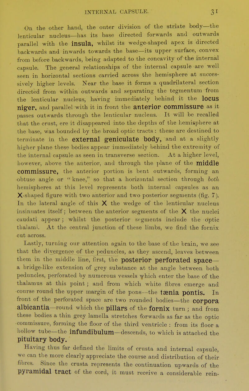 On the other hand, the outer division of the striate body—the lenticular nucleus—has its base directed forwards and outwards parallel with the insula, whilst its wedge-shaped apex is directed backwards and inwards towards the base—its upper surface, convex from before backwards, being adapted to the concavity of the internal capsule. The general relationships of the internal capsule are well seen in horizontal sections carried across the hemisphere at succes- sively higher levels. Near the base it forms a quadrilateral section directed from within outwards and separating the tegmentum from the lenticular nucleus, having immediately behind it the loCUS nig:er, and parallel with it in front the antePiOP COmmisSUre as it passes outwards through the lenticular nucleus. It will be recalled tliat the crust, ere it disappeared into the depths of the hemisphere at the base, was bounded by the broad optic tracts : these are destined to terminate in the external g^eniculate body, and at a slightly higher plane these bodies appear immediately behind the extremity of the internal capsule as seen in transverse section. At a higher level, however, above the anterior, and through the ])lane of the middle commissure, the anterior portion is bent outwards, forming an obtuse angle or  knee, so that a horizontal section through both hemispheres at this level represents both internal capsules as an X-shaped figure with two anterior and two posterior segments (fig. 7). In the lateral angle of this X the wedge of the lenticular nucleus insinuates itself; between the anterior segments of the X the nuclei caudati appear; whilst the posterior segments include the optic thalami. At the central junction of these limbs, we find the fornix cut across. Lastly, turning our attention again to the base of the brain, we see that the divergence of the peduncles, as they ascend, leaves between them in the middle line, first, the posterior perforated SpaCC— a bridge-like extension of grey substance at the angle between both peduncles, perforated by numerous vessels ^hich enter the base of the thalamus at this point ; and from which white fibres emerge and course round the upper margin of the pons—the taenia pontis. In front of the perforated space are two rounded bodies—the corpora albicantia—round which the pillars of the fornix turn ; and from these bodies a thin grey lamella stretches forwards as far as the optic commissure, forming the floor of the third ventricle : from its floor a liollow tube—the infundibulum—descends, to which is attached the pituitary body. Having thus far defined the limits of crusta and internal capsule, we can the more clearly appreciate the course and distribution of their fibres. Since the crusta represents the continuation upwards of the pyramidal tract of the cord, it must receive a considerable rein-