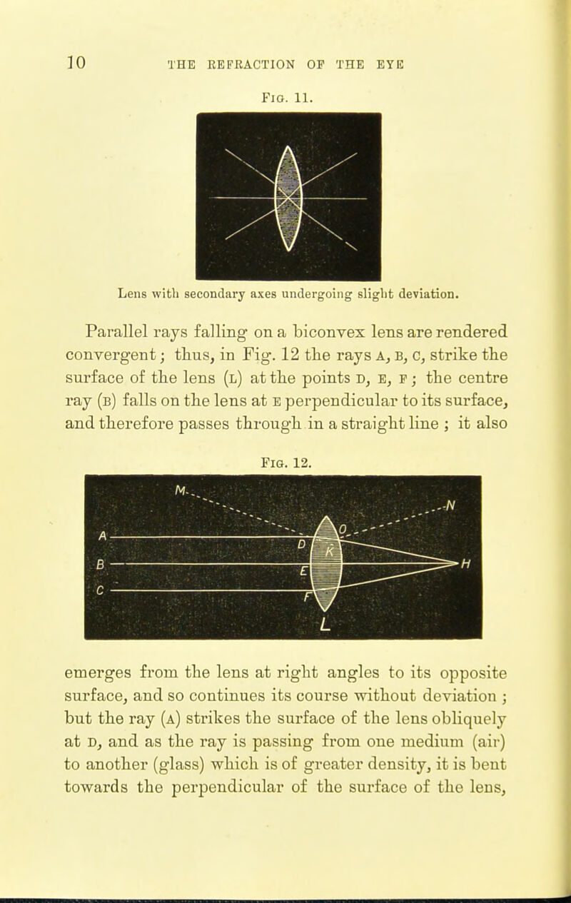 FlO. 11. ! 1 Lens witli secondary axes undergoing slight deviation. Parallel rays falling on a biconvex lens are rendered convergent; thus, in Fig. 12 the rays A, strike the surface of the lens (l) at the points e, f ; the centre ray (b) falls on the lens at e perpendicular to its surface, and therefore passes through in a straight line ; it also Fig. 12. ...-N D ^ r w L emerges from the lens at right angles to its opposite surface, and so continues its course without deviation ; but the ray (a) strikes the surface of the lens obliquely at D, and as the ray is passing from one medium (air) to another (glass) which is of greater density, it is bent towards the perpendicular of the surface of the lens.