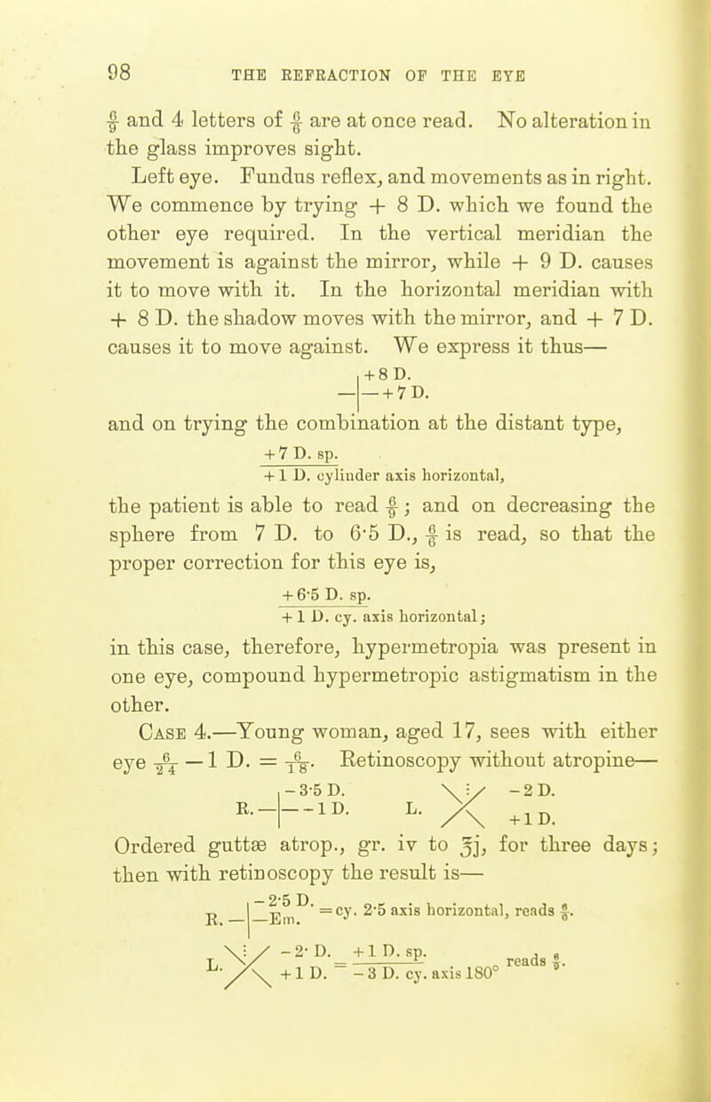 |- and 4 letters of are at once read. No alteration in the glass improves sight. Left eye. Fundus reflex, and movements as in right. We commence by trying + 8 D. which we found the other eye required. In the vertical meridian the movement is against the mirror, while + 9 D. causes it to move with it. In the horizontal meridian with + 8 D. the shadow moves with the mirror, and + 7 D. causes it to move against. We express it thus— + 8D. + 7D. and on trying the combination at the distant type, + 7D. sp. +1 D. oyliuder axis horizontal, the patient is able to read |-; and on decreasing the sphere from 7 D. to 65 D., f is read, so that the proper correction for this eye is, + 6-5 D. sp. + 1 D. cy. axis liorizontal; in this case, therefore, hypermetropia was present in one eye, compound hypermetropic astigmatism in the other. Case 4.—Young woman, aged 17, sees with either eye ^ D- = tV- Retinoscopy without atropiae— R.— -3-5D. \;/ -2D. Ordered guttse atrop., gr. iv to ^j, for three days; then with retiooscopy the result is— -2-5 D. R.— T, ■ =cy. 25 axis iiorizontal, reads Em. • ' * \l/ -2-D. +riXsp. \ + 1 D. -3D. cy. axis 180° '