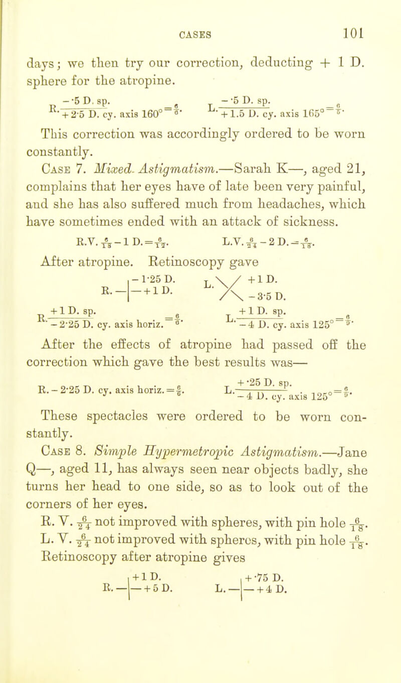 days; we then try our correction^ deducting + 1 D. sphere for the atropine. • + 2-5 D. cy. axis 160°• +1.5 D. cy. axis 165° ^' This correction was accordingly ordered to he worn constantly. Case 7. Mixed- Astigmatism.—Sarah K—, aged 21, complains that her eyes have of late been very painful, and she has also suffered much from headaches, which have sometimes ended with an attack of sickness. R.V.t5j-1D. = tV L.V.^«',-2D.^t^. After atropine. Retinoscopy gave +1D. sp. _ J +1 D. sp. ^ -2-25 D. cy. axis horiz.' ^'-4 0. cy. axis 125° After the effects of atropine had passed off the correction which gave the best results was— + -25 D SD K.-2-25 D. cy, axis horiz. = S. L.—, ,.  ^ . .,„ro = ^.  - 4 D. cy. axis 125 ^ These spectacles were ordered to be worn con- stantly. Case 8. Simple Hypermetropic Astigmatism.—Jane Q—, aged 11, has always seen near objects badly, she turns her head to one side, so as to look out of the corners of her eyes. R. V. not improved with spheres, with pin hole L. V. 2^ not improved with spheres, with pin hole 3%. Retinoscopy after atropine gives l + lD. ,+-75D. R. ——+ 5D. L. ——+ 4D,