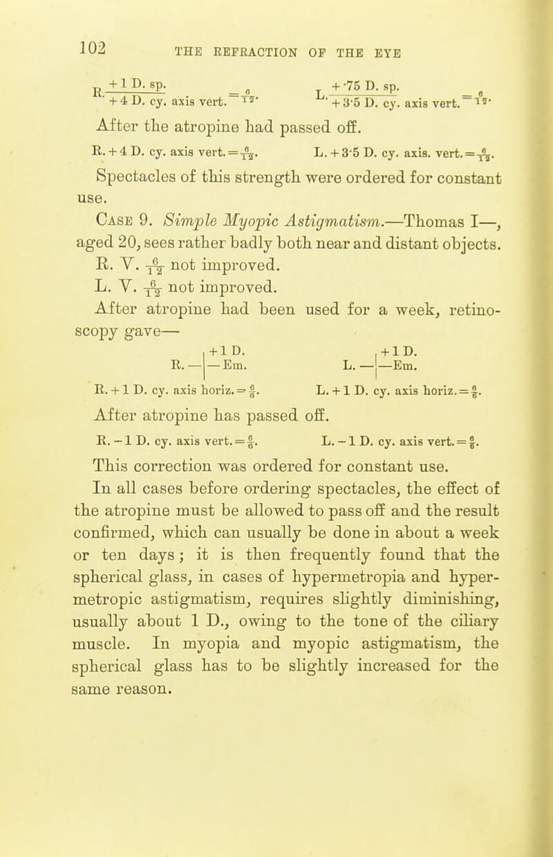 ' +4 D. ey. axis vert, i^^' +3-5 D. cy. axis vert.~^'* After tlie atropine had passed off. R. +4 D. cy. axis vert.=^. L. + 3-5 D. cy. axis. vert.=-^. Spectacles of tkis strength, were ordered for constant use. Case 9. Simple Myopic Astigmatism.—Thomas I—, aged 20, sees rather badly both near and distant objects. E. V. ^ not improved. L. V. ^ not improved. After atropine had been used for a week, retino- scopy gave— l+lD. ,+lD. R.——Em. L. —}—Em. E. + 1 D. cy. axis horiz. = L. +1 D. ey. axis horiz. = §. After atropine has passed off. R. -1 D. cy. axis vert. = f. L. -1 D. cy. axis vert. = f. This correction was ordered for constant use. In all cases before ordering spectacles, the effect of the atropine must be allowed to pass off and the result confirmed, which can usually be done in about a week or ten days; it is then frequently found that the spherical glass, in cases of hypermetropia and hyper- metropic astigmatism, requires slightly diminishing, usually about 1 D., owing to the tone of the ciliary muscle. In myopia and myopic astigmatism, the spherical glass has to be slightly increased for the same reason.