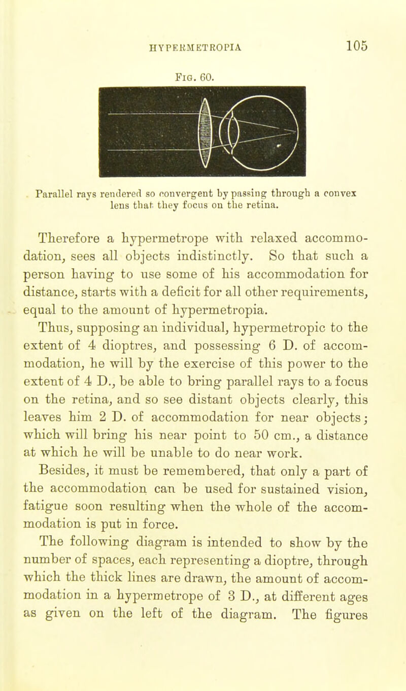 Fig. 60. . Parallel rays rendered so nonvergent bypassing through a convex lens that, they focus on the retina. Therefore a hypermetrope with relaxed accommo- dation^ sees all objects indistinctly. So that such a person having to use some of his accommodation for distance, starts with a deficit for all other requirements, equal to the amount of hypermetropia. Thus, supposing an individual, hypermetropic to the extent of 4 dioptres, and possessing 6 D. of accom- modation, he will by the exercise of this power to the extent of 4 D., be able to bring parallel rays to a focus on the retina, and so see distant objects clearly, this leaves him 2 D. of accommodation for near objects; which will bring his near point to 50 cm., a distance at which he will be unable to do near work. Besides, it must be remembered, that only a part of the accommodation can be used for sustained vision, fatigue soon resulting when the whole of the accom- modation is put in force. The following diagram is intended to show by the number of spaces, each representing a dioptre, through which the thick lines are drawn, the amount of accom- modation in a hypermetrope of 3D., at different ages as given on the left of the diagram. The figures