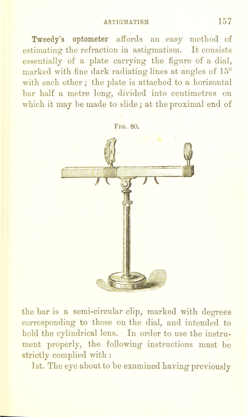 Tweedy's optometer affords an easy method of estimating tlie refraction in astigmatism. It consists essentially of a plate carrying tlie fignre of a dial, marked with fine dark radiating lines at angles of 15° with each other; the plate is attached to a horizontal bar half a metre long, divided into centimetres on which it may he made to slide; at the proximal end of Fig. 80. the bar is a semi-circular clip, marked with degrees corresponding to those on the dial, and intended to hold the cylindrical lens. In order to use the instru- ment properly, the following instructions must be strictly complied with : 1st. The eye about to be examined having previously