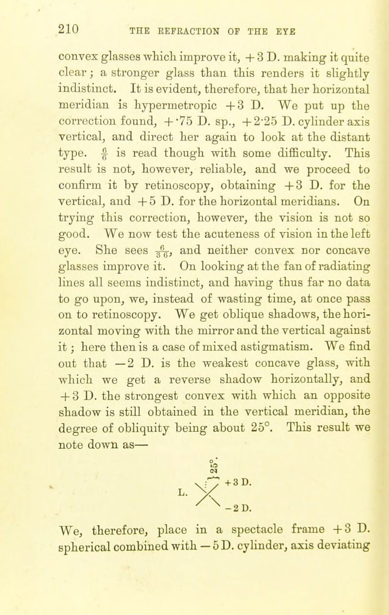 convex glasses which improve it, + 3 D. making it quite clear; a stronger glass than this renders it slightly indistinct. It is evident, therefore, that her horizontal meridian is hypermetropic +3 D. We put up the correction found, +*75 D. sp., +2-25 D. cyUnder axis vertical, and direct her again to look at the distant type, f is read though with some difficulty. This result is not, however, reliable, and we proceed to confirm it by retinoscopy, obtaining +3 D. for the vertical, and +5 D. for the horizontal meridians. On trying this correction, however, the vision is not so good. We now test the acuteness of vision in the left eye. She sees 3^, and neither convex nor concave glasses improve it. On looking at the fan of radiating lines all seems indistinct, and having thus far no data to go upon, we, instead of wasting time, at once pass on to retinoscopy. We get oblique shadows, the hori- zontal moving with the mirror and the vertical against it; here then is a case of mixed astigmatism. We find out that —2 D. is the weakest concave glass, with which we get a reverse shadow horizontally, and + 3 D. the strongest convex with which an opposite shadow is still obtained in the vertical meridian, the degree of obliquity being about 25°. This result we note down as— V7 +3D. L. X /\-2D. We, therefore, place in a spectacle frame +3 D. spherical combined with —5 D. cylinder, axis deviating