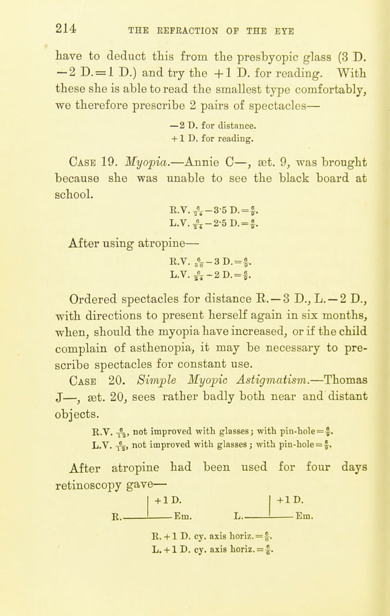 tave to deduct tMs from the presbyopic glass (3 D. -2 D. = l D.) and try tlie +1 D. for reading. With these she is able to read the smallest type comfortably, we therefore prescribe 2 pairs of spectacles— —2 D. for distance. +1 D. for reading. Case 19. Myopia.—Annie C—, set. 9, was brought because she was unable to see the black board at school. R.V.,\—3-5 D.=J. L.V. ^5-2-5 D.=|. After using atropine— E.V. 3«L-3D.=|. L.V. 5''5-2D.=f. Ordered spectacles for distance R. — 3 D., L. — 2 D., with directions to present herself again in six months, when, should the myopia have increased, or if the child complain of asthenopia, it may be necessary to pre- scribe spectacles for constant use. Case 20. Simple Myopic Astigmatism.—Thomas J—^ get. 20, sees rather badly both near and distant objects. R.V. -^j not improved with glasses; with pin-hole = v. L.V. Xi, not improved with glasses; with pin-hole=f. After atropine had been used for four days retinoscopy gave— + 1D. I +1D. R. -Em. L ! Em. R. +1 D. cy. axis horiz. = §. L. +1 D. cy. axis horiz. = f.