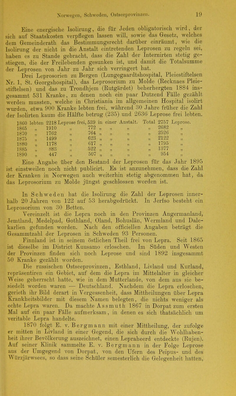 Eine energische Isolirung, die für Jeden obligatorisch wird, der sich auf Staatskosten verpflegen lassen will, sowie das Gesetz, welches dem Genieinderath das Bestimmungsrecht darüber einräumt, wie die Isolirung der nicht in die Anstalt eintretenden Leprosen zu regeln sei, haben es zu Stande gebracht, dass die Zahl der Internirten stetig ge- stiegen, die der Freilebenden gesunken ist, und damit die Totalsumme der Leprosen von Jahr zu Jahr sich verringert hat. Drei Leprosorien zu Bergen (Lungegaardtshospital, Pleiestiftelsen Nr. 1, St. Georgshospital), das Leprosorium zu Moide (Recknaes Pleie- stiftelsen) und das zu Trondhjem (Rutgärdet) beherhergten 1884 ins- gesammt 531 Kranke, zu denen noch ein paar Dutzend Fälle gezählt werden mussten, welche in Christiania im allgemeinen Hospital isolirt wurden, etwa 900 Kranke lebten frei, während 30 Jahre früher die Zahl der Isolirten kaum die Hälfte betrug (235) und 2630 Leprose frei lebten. J860 lebten 2218 Leprose frei, 539 in einer Anstalt. Total 2757 Leprose. 1865 „ 1910 „ 772 „ „ „ „ 2682 1870 „ 1762 „ 764 „ „ „ „ 2526 1875 „ 1499 „ 623 „ „ „ „ 2122 1880 „ 1178 „ 617 „ „ „ „ 1795 1885 „ 883 „ 522 „ „ „ „ 1377 „ 1890 „ 447 „ 507 „ „ „ „ 954 „ Eine Angabe über den Bestand der Leprosen für das Jahr 1895 ist einstweilen noch nicht publicirt. Es ist anzunehmen, dass die Zahl der Kranken in Norwegen auch weiterhin stetig abgenommen hat, da das Leprosorium zu Moide jüngst geschlossen worden ist. In Schweden hat die Isolirung die Zahl der Leprosen inner- halb 20 Jahren von 122 auf 53 herabgedrückt. In Jerfso besteht ein Leprosorium von 30 Betten. Vereinzelt ist die Lepra noch in den Provinzen Angermanland, Jemtland, Medelpad, Gothland, Oland, Bohuslän, Wermland und Dale- karlien gefunden worden. Nach den officiellen Angaben beträgt die Gesammtzahl der Leprosen in Schweden 93 Personen. Finnland ist in seinem östlichen Theil frei von Lepra. Seit 1865 ist dieselbe im District Kuusamo erloschen. Im Süden und Westen der Provinzen finden sich noch Leprose und sind 1892 insgesammt 50 Kranke gezählt worden. Die russischen Ostseeprovinzen, Esthland, Livland und Kurland, repräsentiren ein Gebiet, auf dem die Lepra im Mittelalter in gleicher Weise geherrscht hatte, wie in dem Mutterlande, von dem aus sie be- siedelt worden waren — Deutschland. Nachdem die Lepra erloschen, gerieth ihr Bild derart in Vergessenheit, dass Mittheilungen über Lepra Krankheitsbilder mit diesem Namen belegten, die nichts weniger als echte Lepra waren. Da machte Assmuth 1867 in Dorpat zum ersten Mal auf ein paar Fälle aufmerksam, in denen es sich thatsächlich um veritable Lepra handelte. 1870 folgt E. v. Bergmann mit einer Mittheilung, der zufolge er mitten in Livland in einer Gegend, die sich durch die Wohlhaben- heit ihrer Bevölkerung auszeichnet, einen Lepraheerd entdeckte (Rujen). Auf seiner Klinik sammelte E. v. Bergmann in der Folge Leprose aus der Umgegend von Dorpat, von den Ufern des Peipus- und des Würzjärwsees, so dass seine Schüler semesterlich die Gelegenheit hatten,