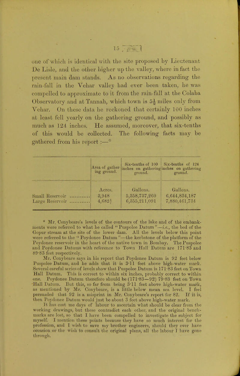 one of which is identical with the site proposed by Lieutenant De Lisle, and the other higher up the valley, where in fact the present main dam stands. As no observations regarding the rain-fall in the Vehar valley had ever been taken, he was compelled to approximate to it from the rain-fall at the Colaba Observatory and at Tannah, which town is 5^ miles only from Vehar. On these data he reckoned that certainly 100 inches at least fell yearly on the gathering ground, and possibly as much as 124 inches. He assumed, moreover, that six-tenths of this would be collected. The following facts may be gathered from his report :— Area of gather- ing ground. Six-tenths of 100 inches on gathering ground. Six-tenths of 124 inches on gathering ground. Acres. Gallons. Gallons. 3,948 5,358,737,260 6,644,834,187 4,682-1 6,355,211,091 7,880,461,7:11 * Mr. Conybeare's levels of the contours of the lake and of the embank- ments were referred to what he called Puspolee Datum —i.e., the bed of the Gopur stream at the site of the lower dam. All the levels below this point were referred to the Poydonee Datum —the kerbstone of the platform of the Poydonee reservoir in the heart of the native town in Bombay. The Puspolee and Poydonee Datums with reference to Town Hall Datum are 171 83 and 8983 feet respectively. Mr. Conybeare says in his report that Poydonee Datum is 92 feet below Puspolee Datum, and he adds that it is 3*11 feet above high-water mark. Several careful series of levels show that Puspolee Datum is 17P83 feet on Town Hall Datum. This is correct to within six inches, probably correct to within one. Poydonee Datum therefore should be (17P83—92) 79-83 feet on Town •Hall Datum. But this, so far from being 3'11 feet above high-water mark, as mentioned by Mi\ Conybeare, is a little below mean sea level. I feel persuaded that 92 is a misprint in Mr. Conybeare's report for 82. If it is, then Poydonee Datum would just be about 3 feet above high-water mark. It has cost mo days of labour to ascertain what should be clear from the working drawings, but these contradict each other, and the original bench- marks are lost, so that I have been compelled to investigate the subject for myself. I mention these points because they have so much interest for the profession, and I wish to save my brother engineers, should they ever have occasion or tlic wish to consult the original plans, all the labour 1 have gnu.' through.