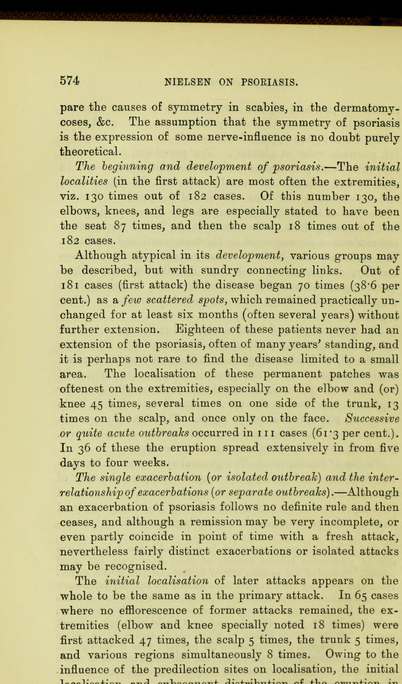 pare the causes of symmetry in scabies, in the dermatomy- coses, &c. The assumption that the symmetry of psoriasis is the expression of some nerve-influence is no doubt purely theoretical. The beginning and development of psoriasis.—The initial localities (in the first attack) are most often the extremities, viz. 130 times out of 182 cases. Of this number 130, the elbows, knees, and legs are especially stated to have been the seat 87 times, and then the scalp 18 times out of the 182 cases. Although atypical in its development, various groups may be described, but with sundry connecting links. Out of 181 cases (first attack) the disease began 70 times (38-6 per cent.) as a few scattered spots, which remained practically un- changed for at least six months (often several years) without further extension. Eighteen of these patients never had an extension of the psoriasis, often of many years' standing, and it is perhaps not rare to find the disease limited to a small area. The localisation of these permanent patches was oftenest on the extremities, especially on the elbow and (or) knee 45 times, several times on one side of the trunk, 13 times on the scalp, and once only on the face. Successive or quite acute outbreaks occurred in 111 cases (61*3 per cent.). In 36 of these the eruption spread extensively in from five days to four weeks. The single exacerbation [or isolated outbreak) and the inter- relationship of exacerbations (or separate outbreaks).—Although an exacerbation of psoriasis follows no definite rule and then ceases, and although a remission may be very incomplete, or even partly coincide in point of time with a fresh attack, nevertheless fairly distinct exacerbations or isolated attacks may be recognised. The initial localisation of later attacks appears on the whole to be the same as in the primary attack. In 65 cases where no efflorescence of former attacks remained, the ex- tremities (elbow and knee specially noted 18 times) were first attacked 47 times, the scalp 5 times, the trunk 5 times, and various regions simultaneously 8 times. Owing to the influence of the predilection sites on localisation, the initial