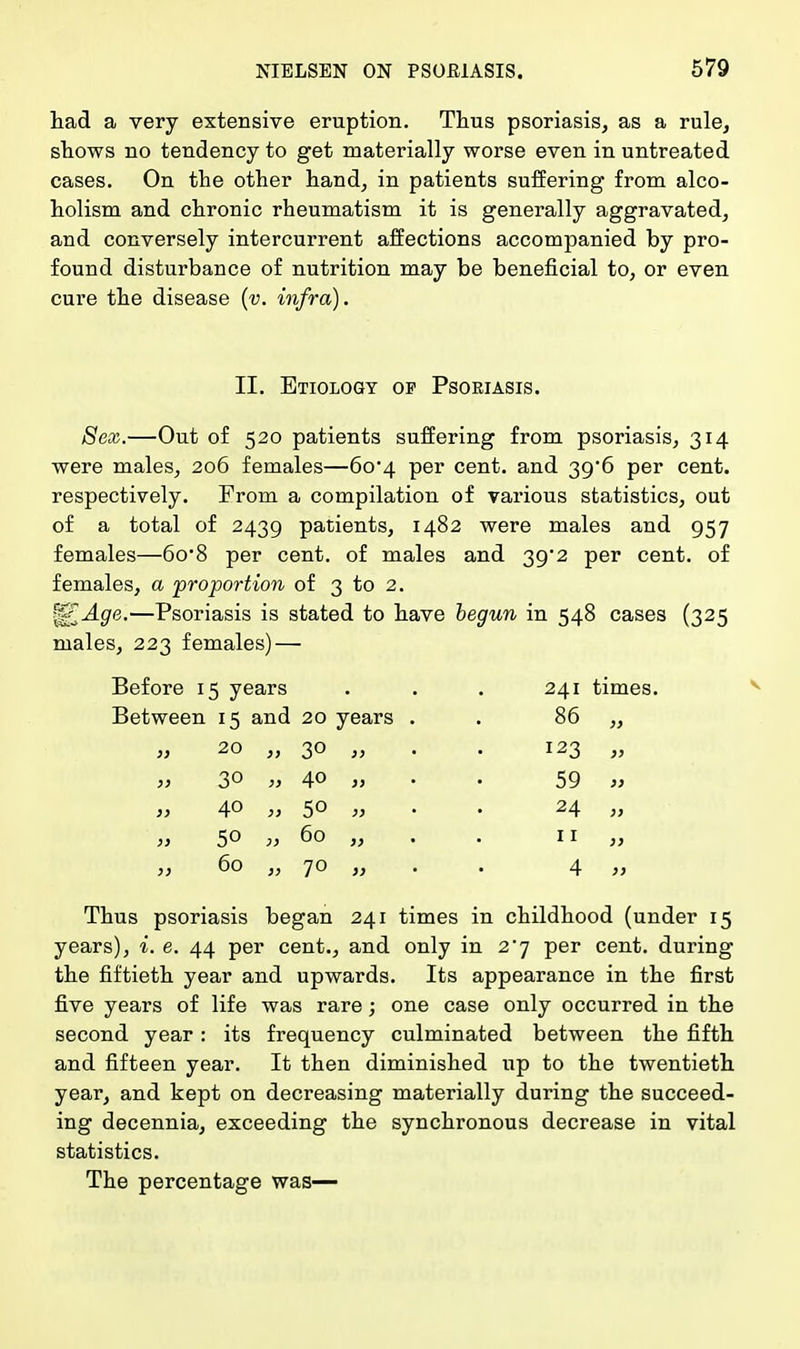 had a very extensive eruption. Thus psoriasis, as a rule, shows no tendency to get materially worse even in untreated cases. On the other hand, in patients suffering from alco- holism and chronic rheumatism it is generally aggravated, and conversely intercurrent affections accompanied by pro- found disturbance of nutrition may be beneficial to, or even cure the disease (v. infra). II. Etiology of Psoriasis. Sex.—Out of 520 patients suffering from psoriasis, 314 were males, 206 females—6o-4 per cent, and 30/6 per cent, respectively. From a compilation of various statistics, out of a total of 2439 patients, 1482 were males and 957 females—6o'8 per cent, of males and 39*2 per cent, of females, a proportion of 3 to 2. ^Age.—Psoriasis is stated to have begun in 548 cases (325 males, 223 females) — Before 15 years . . . 241 times. Between 15 and 20 years . . 86 „ „ 20 „ 30 „ . 123 „ „ 3° » 40 » • 59 » „ 4° „ 50 » • 24 „ „ 5° » 60 >, • • 11 » „ 60 „ 70 „ . . 4 „ Thus psoriasis began 241 times in childhood (under 15 years), i. e. 44 per cent., and only in 2^7 per cent, during the fiftieth year and upwards. Its appearance in the first five years of life was rare; one case only occurred in the second year: its frequency culminated between the fifth and fifteen year. It then diminished up to the twentieth year, and kept on decreasing materially during the succeed- ing decennia, exceeding the synchronous decrease in vital statistics. The percentage was—