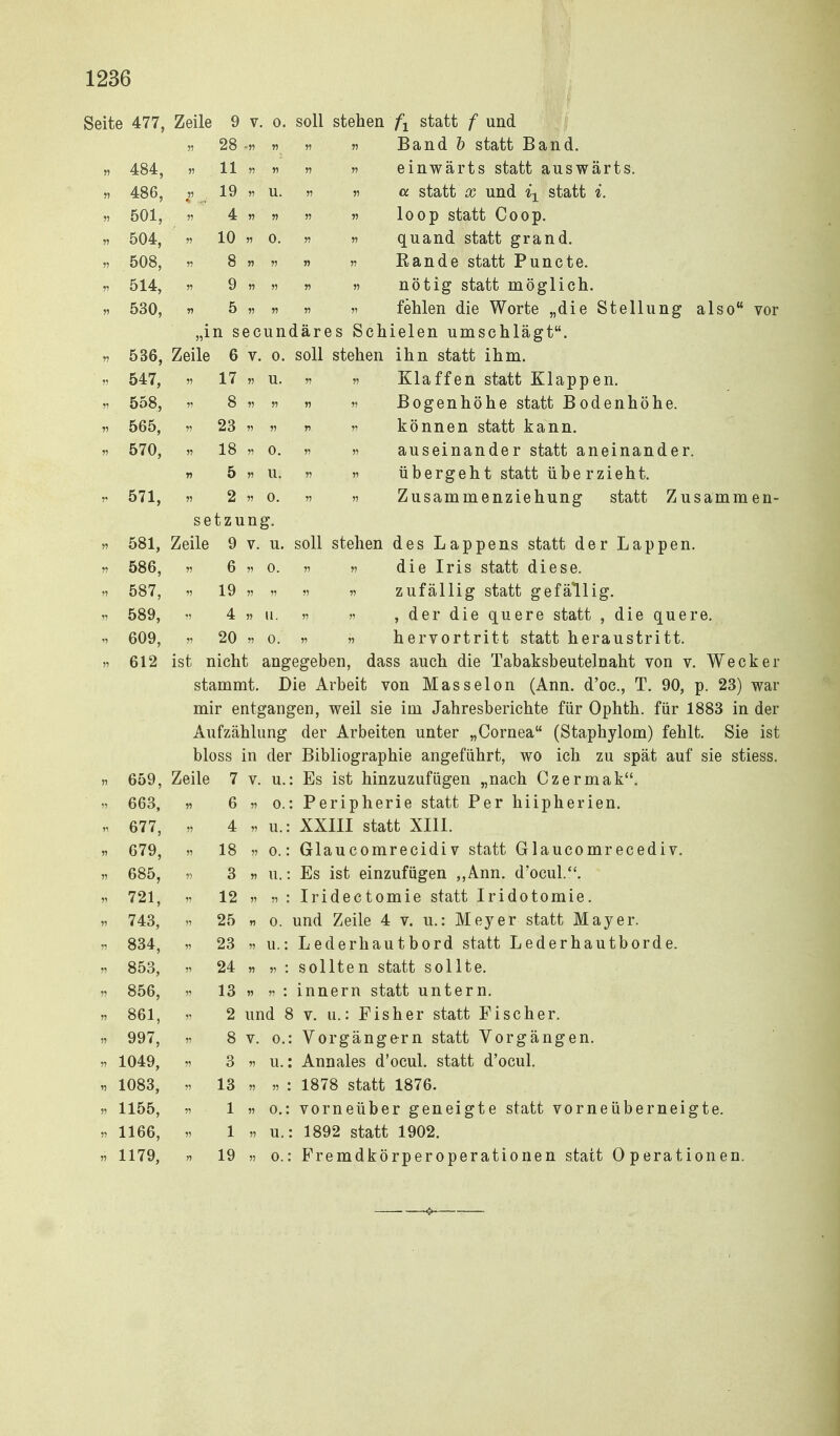 Seite 477, Zeile 9 V. 0. soll stellen /* Iii/* 1 fi statt f und ?! 28 .?! ?? ?! ?! Band 0 statt Band. 484, 11 11 ?! ?! ?? ?? einwärts statt auswärts. 486, 11 19 ?! u. ?? >? a statt X und i-^ statt i. 501, ?! 4 ?? ?? ?? ?! loop statt Coop. 504, ?? 10 ?! 0. ?! ?? quand statt grand. 508, !? 8 « ?! » ?! Rande statt Puncte. 514, ?! 9 ?? ?! ?? ?? nötig statt möglich. 530, n 5 ?! ?! ?! ?! fehlen die Worte „die Stellung also vor „in secundäres Schielen umschlägt. r 536, Zeile 6 V. 0. soll stehen ihn statt ihm. 547, ?! 17 ?? u. ?! ?? Klaffen statt Klappen, V 558, ?! 8 ?! ?? >? ?! Bogenhöhe statt Bodenhöhe. 565, ?! 23 ?! ?? ?1 ?! können statt kann. 570, ?! 18 ?! 0. ?! ?! auseinander statt aneinander. n 5 ?! u. ?! ?? übergeht statt überzieht. 571, 11 2 ?! 0. ?! ?! Zusammenziehung statt Zusammen- Setzung. » 581, Zeile 9 V. u. soll stehen des Lappens statt der Lappen. 11 586, ?! 6 ?! 0. ?! ?! die Iris statt diese. 11 587, ?! 19 ?! ?! ?? ?! zufällig statt gefällig. 11 589, ?! 4 ?? II. ?? ?! , der die quere statt , die quere. '1 609, ?! 20 ?! 0. ?! ?? hervortritt statt heraustritt. 11 612 ist nicht angegeben , dass auch die Tabaksbeutelnaht von v. Wecker stammt. Die Arbeit von Masseion (Ann. d'oc, T. 90, p. 23) war mir entgangen, weil sie im Jahresberichte für Ophth. für 1883 in der Aufzählung der Arbeiten unter „Cornea (Staphylom) fehlt. Sie ist bloss in der Bibliographie angeführt, wo ich zu spät auf sie stiess. ?! 659, Zeile 7 v. u.: Es ist hinzuzufügen „nach Czermak. !! 663, ?? 6 ?! 0.: Peripherie statt Per hiipherien. 11 677, ?? 4 ?! u.: XXIII statt XIII. 11 679, ?! 18 ?? 0.: GlaucomrecidiV statt Glaucomrecediv. 11 685, n 3 ?? u.: Es ist einzufügen ,,Ann. d'ocul.. 11 721, 11 12 ?! ?! : Iridectomie statt Iridotomie. 11 743, 11 25 ?? 0. 1 und Zeile 4 v. u.: Meyer statt Mayer. 11 834, 11 23 ?! u.: Lederhautbord statt Lederhautborde. 11 853, 11 24 ?! ?? ; sollten statt sollte. 11 856, ?! 13 ?) ?! '. Innern statt untern. 11 861, ?! 2 und 8 V. u.: Fisher statt Fischer. 11 997, ?1 8 V. 0.: Vorgängern statt Vorgängen. 11 1049, ?! 3 ?? u.: Annales d'ocul. statt d'ocul. 11 1083, 11 13 ?? 7? '. 1878 statt 1876. 11 1155, ?! 1 ?? 0.: vorneüber geneigte statt vorneüberneigte. 11 1166, 1! 1 1! u.: 1892 statt 1902. ?! 1179, ?! 19 11 0.: Fremdkörperoperationen statt Operationen