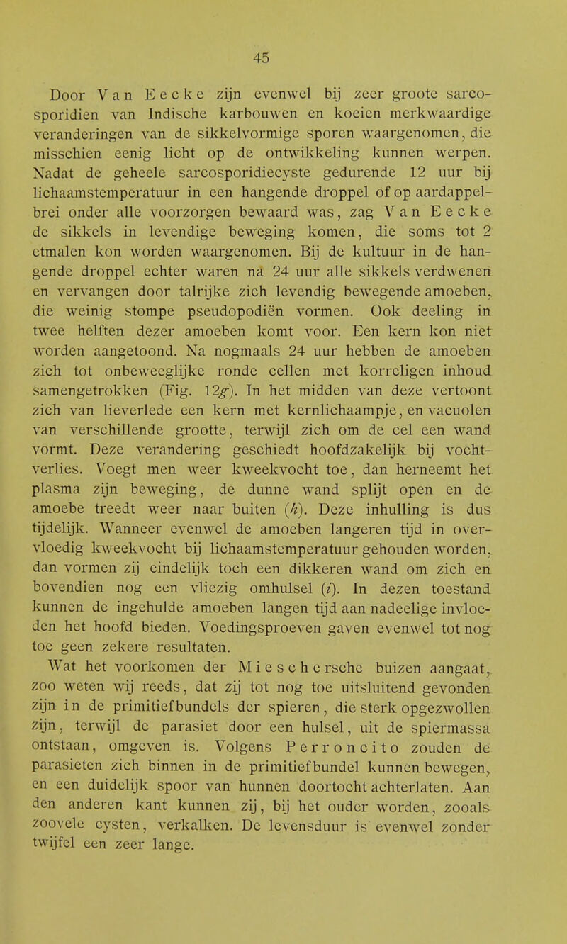 Door Van E e c k e zijn evenwel bij zeer groote sarco- sporidien van Indische karbouwen en koeien merkwaardige veranderingen van de sikkelvormige sporen waargenomen, die misschien eenig licht op de ontwikkeling kunnen werpen. Nadat de geheele sarcosporidiecyste gedurende 12 uur bij lichaamstemperatuur in een hangende droppel of op aardappel- brei onder alle voorzorgen bewaard was, zag Van Eeckc de sikkels in levendige beweging komen, die soms tot 2 etmalen kon worden waargenomen. Bij de kuituur in de han- gende droppel echter waren na 24 uur alle sikkels verdwenen en vervangen door talrijke zich levendig bewegende amoeben, die weinig stompe pseudopodiën vormen. Ook deeling in twee helften dezer amoeben komt voor. Een kern kon niet worden aangetoond. Na nogmaals 24 uur hebben de amoeben zich tot onbeweeglijke ronde cellen met korreligen inhoud samengetrokken (Fig. 12g). In het midden van deze vertoont zich van lieverlede een kern met kernlichaampje, en vacuolen van verschillende grootte, terwijl zich om de cel een wand vormt. Deze verandering geschiedt hoofdzakelijk bij vocht- verlies. Voegt men weer kweekvocht toe, dan herneemt het plasma zijn beweging, de dunne wand splijt open en de amoebe treedt weer naar buiten (/z). Deze inhulling is dus tijdelijk. Wanneer evenwel de amoeben langeren tijd in over- vloedig kweekvocht bij lichaamstemperatuur gehouden worden, dan vormen zij eindelijk toch een dikkeren wand om zich en bovendien nog een vliezig omhulsel (z). In dezen toestand kunnen de ingehulde amoeben langen tijd aan nadeelige invloe- den het hoofd bieden. Voedingsproeven gaven evenwel tot nog toe geen zekere resultaten. Wat het voorkomen der Mieschersche buizen aangaat, zoo weten wij reeds, dat zij tot nog toe uitsluitend gevonden zijn i n de primitief bundels der spieren, die sterk opgezwollen zijn, terwijl de parasiet door een hulsel, uit de spiermassa ontstaan, omgeven is. Volgens Perroncito zouden de parasieten zich binnen in de primitief bundel kunnen bewegen, en een duidelijk spoor van hunnen doortocht achterlaten. Aan den anderen kant kunnen zij, bij het ouder worden, zooals zoovele cysten, verkalken. De levensduur is evenwel zonder twijfel een zeer lange.