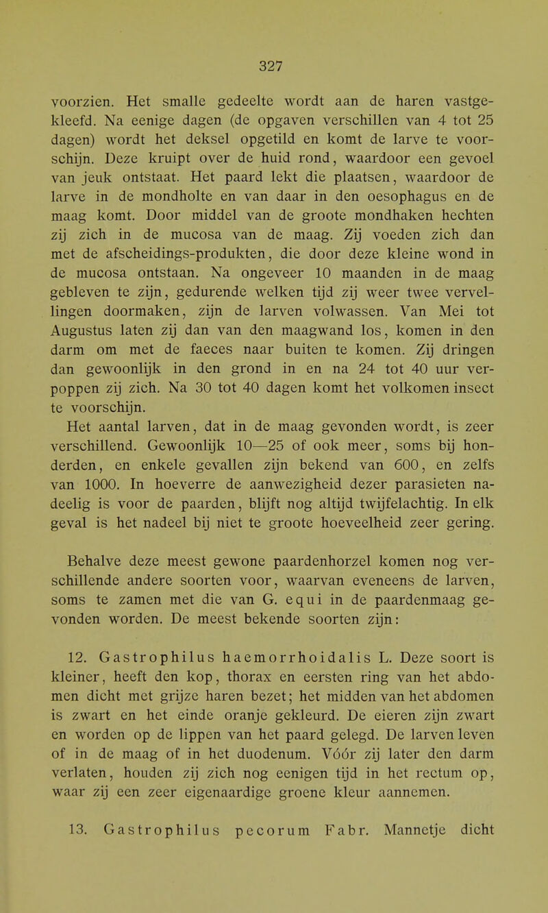 voorzien. Het smalle gedeelte wordt aan de haren vastge- kleefd. Na eenige dagen (de opgaven verschillen van 4 tot 25 dagen) wordt het deksel opgetild en komt de larve te voor- schijn. Deze kruipt over de huid rond, waardoor een gevoel van jeuk ontstaat. Het paard lekt die plaatsen, waardoor de larve in de mondholte en van daar in den oesophagus en de maag komt. Door middel van de groote mondhaken hechten zij zich in de mucosa van de maag. Zij voeden zich dan met de afscheidings-produkten, die door deze kleine wond in de mucosa ontstaan. Na ongeveer 10 maanden in de maag gebleven te zijn, gedurende welken tijd zij weer twee vervel- lingen doormaken, zijn de larven volwassen. Van Mei tot Augustus laten zij dan van den maagwand los, komen in den darm om met de faeces naar buiten te komen. Zij dringen dan gewoonlijk in den grond in en na 24 tot 40 uur ver- poppen zij zich. Na 30 tot 40 dagen komt het volkomen insect te voorschijn. Het aantal larven, dat in de maag gevonden wordt, is zeer verschillend. Gewoonlijk 10—25 of ook meer, soms bij hon- derden, en enkele gevallen zijn bekend van 600, en zelfs van 1000. In hoeverre de aanwezigheid dezer parasieten na- deelig is voor de paarden, blijft nog altijd twijfelachtig. In elk geval is het nadeel bij niet te groote hoeveelheid zeer gering. Behalve deze meest gewone paardenhorzel komen nog ver- schillende andere soorten voor, waarvan eveneens de larven, soms te zamen met die van G. equi in de paardenmaag ge- vonden worden. De meest bekende soorten zijn: 12. Gastrophilus haemorrhoidalis L. Deze soort is kleiner, heeft den kop, thorax en eersten ring van het abdo- men dicht met grijze haren bezet; het midden van het abdomen is zwart en het einde oranje gekleurd. De eieren zijn zwart en worden op de lippen van het paard gelegd. De larven leven of in de maag of in het duodenum. Vóór zij later den darm verlaten, houden zij zich nog eenigen tijd in het rectum op, waar zij een zeer eigenaardige groene kleur aannemen. 13. Gastrophilus pecorum Fabr. Mannetje dicht