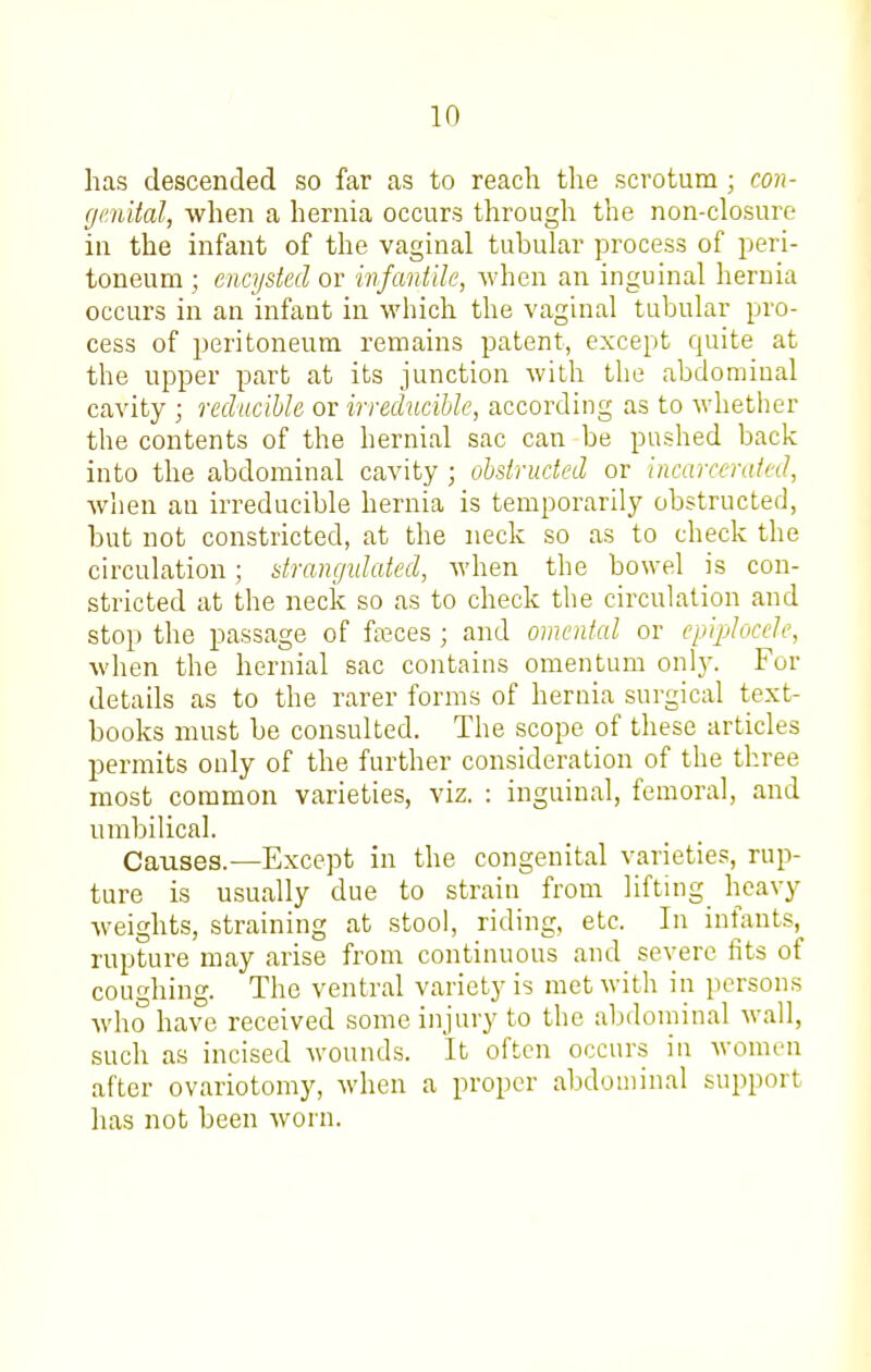 has descended so far as to reach the scrotum; con- gmital, when a hernia occurs through the non-closure in the infant of the vaginal tubular process of peri- toneum ; encysted or infantUe, when an inguinal hernia occurs in an infant in which the vaginal tubular pro- cess of peritoneum remains patent, except quite at the upper part at its junction with the abdominal cavity ; reducible or irreducible, according as to whetiier the contents of the hernial sac can be pushed back into the abdominal cavity ; obstructed or Incarcerated, when an irreducible hernia is temporarily obstructed, but not constricted, at the neck so as to check the circulation; stramjuMed, when the bowel is con- stricted at the neck so as to check the circulation and stop the passage of fa?ces ; and omeafcd or epiplocele, when the hernial sac contains omentum owXy. For details as to the rarer forms of hernia surgical text- books must be consulted. The scope of these articles permits only of the further consideration of the three most common varieties, viz. : inguinal, femoral, and umbilical. Causes.—Except in the congenital varieties, rup- ture is usually due to strain from lifting heavy weights, straining at stool, riding, etc. In infants, rupture may arise from continuous and severe fits of coughing. The ventral variety is met with in persons who have received some injury to the aljdoininal wall, such as incised wounds. It often occurs in women after ovariotomy, when a proper abdominal support has not been worn.