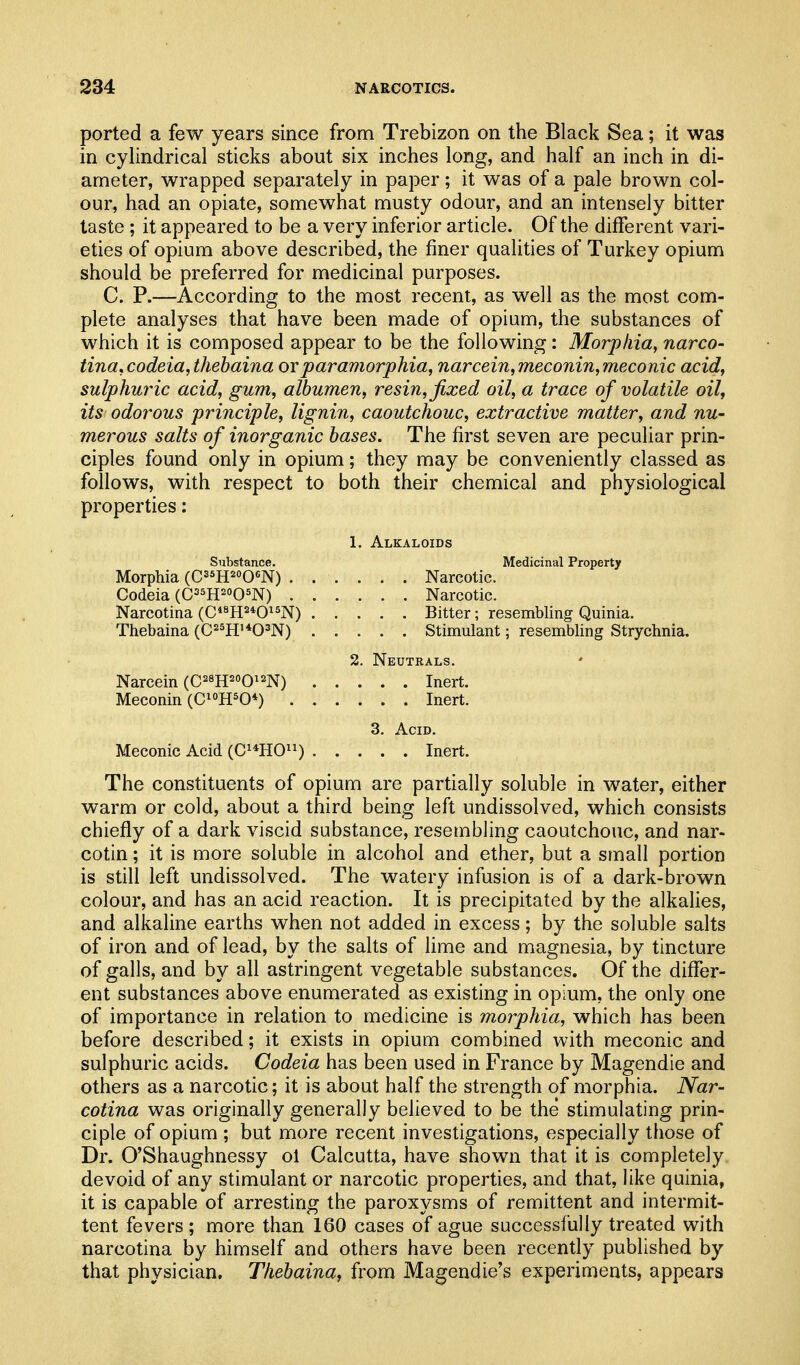 ported a few years since from Trebizon on the Black Sea; it was in cylindrical sticks about six inches long, and half an inch in di- ameter, wrapped separately in paper; it was of a pale brown col- our, had an opiate, somewhat musty odour, and an intensely bitter taste ; it appeared to be a very inferior article. Of the different vari- eties of opium above described, the finer qualities of Turkey opium should be preferred for medicinal purposes. C. P.—According to the most recent, as well as the most com- plete analyses that have been made of opium, the substances of which it is composed appear to be the following: Morphia^ narco- tina,codeia, thehaina orparamorphia, narcein,meconin,meconic acid, sulphuric acid, gum, albumen, resin, fixed oil, a trace of volatile oil, its odorous priiiciple, lignin, caoutchouc, extractive matter, and nu- merous salts of inorganic bases. The first seven are peculiar prin- ciples found only in opium; they may be conveniently classed as follows, with respect to both their chemical and physiological properties: 1, Alkaloids Substance. Medicinal Property Morphia (C^^H^oO^N) Narcotic. Codeia (C^^H^oO^N) Narcotic. Narcotina (C*«H2*0^5N) Bitter; resembling Quinia. Thebaina (CH'*03N) Stimulant; resembling Strychnia. 2. Neutrals. Inert. Inert. 3. Acid. Meconic Acid {G^mO^^) Inert. The constituents of opium are partially soluble in water, either warm or cold, about a third being left undissolved, which consists chiefly of a dark viscid substance, resembling caoutchouc, and nar- cotin; it is more soluble in alcohol and ether, but a small portion is still left undissolved. The watery infusion is of a dark-brown colour, and has an acid reaction. It is precipitated by the alkalies, and alkaline earths when not added in excess; by the soluble salts of iron and of lead, by the salts of lime and magnesia, by tincture of galls, and by all astringent vegetable substances. Of the differ- ent substances above enumerated as existing in opium, the only one of importance in relation to medicine is morphia, which has been before described; it exists in opium combined with meconic and sulphuric acids. Codeia has been used in France by Magendie and others as a narcotic; it is about half the strength of morphia. Nar- cotina was originally generally believed to be the stimulating prin- ciple of opium ; but more recent investigations, especially those of Dr. O'Shaughnessy ol Calcutta, have shown that it is completely devoid of any stimulant or narcotic properties, and that, like quinia, it is capable of arresting the paroxysms of remittent and intermit- tent fevers; more than 160 cases of ague successfully treated with narcotina by himself and others have been recently published by that physician. Thebaina, from Magendie's experiments, appears Narcein (C^sH^^oQi^N) Meconin (CioH^O*)