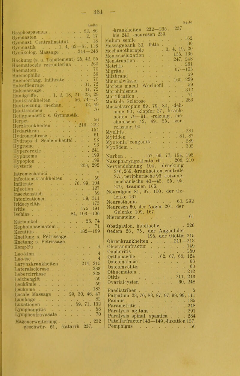 Seite Graphüspasmus '^^ i Gymnasten ^\ ' Gymimst. Centralinstitut ... 18 Gymnastik . . . l. 4, 62-67, 116 Gynäkolog. .Massage . . . 244—248 Hackung- (?. a. Tapotement) 25, 42, 55 Haematocele retrouterina . . . 260 Haeniatoni Haemophilie ^9 Haemon-hag. Intiltrate .... TO Halseflleurage T' Halsmassage 31. 72 HamigritVe. . . l. 2, IS, 21-23, 28 Hautkrankheiten ... 56, 74—79 Hautreizung, median. . . 42, 49 Hauttraumen '0 Heilgymnastik s. Gymnastik. Herpes 56 Herzkrankheiten .... 216—222 Hydarthron 154 Hydronephrose 61 Hydrops d. Schleimbeutel ... 93 Hygrorae 'JS Hyperorexle 241 Hyphaema 199 H^^)opion 199 Hysterie 203, 292 latromechanici 7 Infectionskrankhelten .... 59 Infiltrate 76, 99, 104 Injection 127 Insectenstich 59 Intoxicationen 59, 311 Iridocvclitis 175 Iritis ' 175, 191 Ischias 84, 103—106 Karbunkel 56, 74 Kephalohaematom 71 Keratitis 182—189 Kneifung s. Pétrissage. Knetung s. Pétrissage. Kong-Fu 4 Lao-kinn 4 Lao-tse 4 Lar>nxkrankheiten . . . 214, 215 Lateralsclerose 283 Lebercirrhose 223 Leichengift 59 Leukämie 59 Leukome 182 Locale Ma.ssage . . 29, 30, 46, 47 Lumbago 82 Luxationen 59, 71, 132 Lymphangitis ...... 58 Lymphextravasate 70 .Magenerweitcrung 232 -geschwür- 61, -katarrh 237, 3 30 4, 19. 20 135, 136 247, 248 . . 261 97—103 . . 59 160, 229 . . 59 . . 312 . . 71 . . 283 .Seite -krankheiten 232—235. 237 bis 240, -neurosen 239. _^ Malum senile Massagebank 30, -fette Mochanotherapie . • Meniscusluxation . • Menstruation .... Metritis Migräne I Milzbrand I Mineralwässer . . • ; Morbus macul. Werlhofi Morphinismus . . . Mortiflcation .... ' Multiple Sclerose . . .Muskclatrophie 69, 79, 80, -deh- nung 90, -klopfer 27, -krank- heiten 79-91, -reizung, me- ' chanische 42, 49, 55, -zer- reissung 90. i Myelitis. 281 Myitideu '^L 87 Myotonia congenita 289 Myxödem 305 I Narben .... 57, 69, 77, 194, 195 I Nasopharyngealcatarrh . . 206, 210 j Nervendehnimg 104. -drückung 246,269, -krankheiten, centrale 275, peripherische 93, -reizung, mechanische 43—45, 55, 95, 279, -träumen 106. Neuralgien 81, 97, 100, der Ge- lenke 167. Neurasthenie 60, 292 Neurosen 60, der Augen 201, der Gelenke 109, 167. Nierensteine 61 Obstipation, habituelle .... 226 Oedem 28, 75, der Augenlider 195, der Glottis 215 Ohrenkrankheiten .... 211—213 Olecranonfractur 149 Oophoritis 250 Orthopaedie . . . .62, 67, 68, 124 Osteomalacie 68 Osteomyelitis 60 Othaematom 212 Otitis 211, 213 0 vari al Cysten 60, 248 Paediatriben 5 1 Palpation 23, 76, 83. 87, 97, 98, 99, III \ Pannus 185 j Parametritis 248 1 Paralysis agitans 291 I Paralysis spinal, spastica . . . 284 I Patellarfracturl43—149,-luxation 137. ' Pemphigus 56