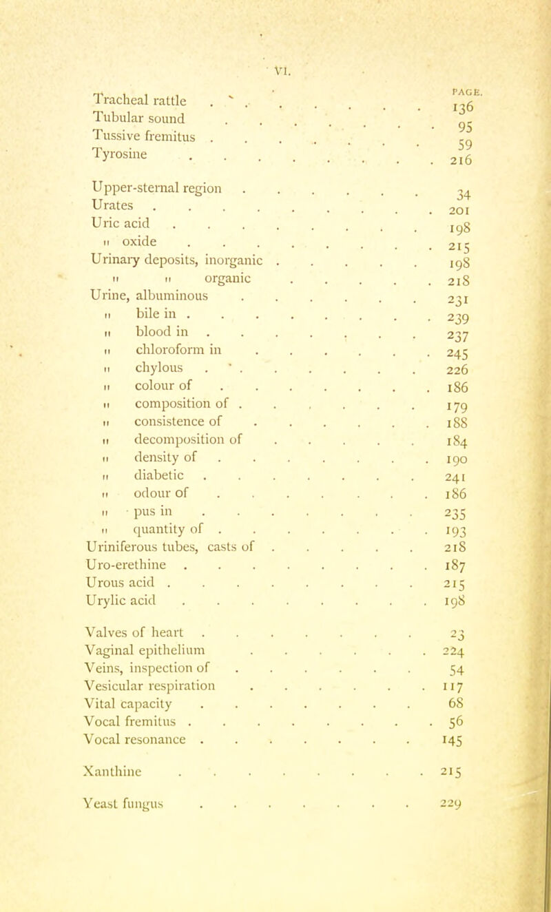 Tracheal rattle .  . Tubular sound Tussive fremitus . Tyrosine Upper-sternal region Urates .... Uric acid II oxide Urinaiy deposits, inorganic ri II organic Urine, albuminous II bile in . II blood in II chloroform in II chylous . ■ . II colour of II composition of . II consistence of II decomposition of II density of II diabetic II odour of II • pus in II quantity of . Uriniferous tubes, casts of Uro-erethine Urous acid . Urylic acid Valves of heart Vaginal epithelium Veins, inspection of Vesicular respiration Vital capacity Vocal fremitus . Vocal resonance . Xanthine Yeast fungus PACE. • • • • 136 ■ 95 59 . 216 34 . 201 198 . 215 198 . 218 231 • 239 237 ■ 245 226 . 186 179 . 188 184 190 241 . 186 235 • 193 218 . . . . 187 215 19S 117 68 56 145 215