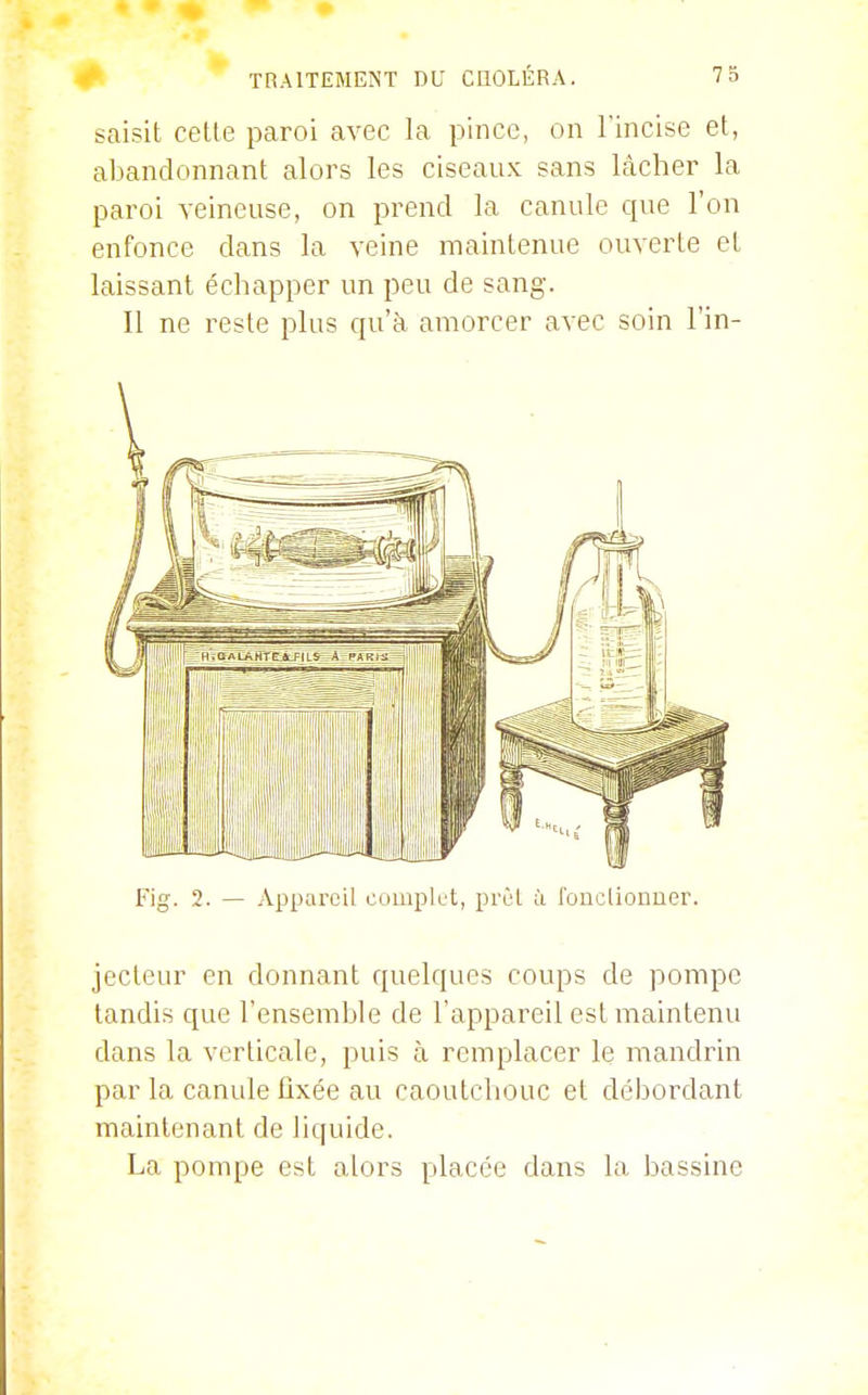 saisit cette paroi avec la pince, on l'incise et, abandonnant alors les ciseaux sans lâcher la paroi veineuse, on prend la canule que l'on enfonce dans la veine maintenue ouverte et laissant échapper un peu de sang. Il ne reste plus qu'à amorcer avec soin l'in- Fig. 2. — Appareil complet, prûl à Ibuclionuer. jecteur en donnant quelques coups de pompe tandis que l'ensemble de l'appareil est maintenu dans la verticale, puis à remplacer le mandrin par la canule fixée au caoutchouc et débordant maintenant de liquide. La pompe est ators placée dans la bassine