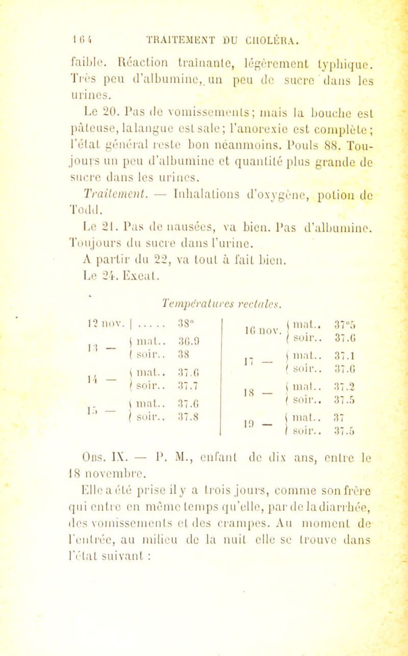 faible. Réaclion Iraiiiantc, léj^'rroinent lypliiqup. Très peu d'albumine,, an peu de sucre dans les urines. Le 20. Pas de vomissenienls ; mais la boucbe est pâteuse, lalangue est sale; l'anorexie est complète; l'élat généi'al reste bon néanmoins. Pouls 88. Tou- jours un peu d'albumine et quantité plus grande de sacre dans les urines. Traitement. — Inhalations d'oxygène, potion do ToiUl. Le 21. Pas de naasées, va bien. Pas d'albumine. Toujours du sucre dans l'urine. A partir du 22, va tout à l'ait bien. Le 2i-. E.Keat. I? lliiv. li — Tempcraltires vecUiles. i mat.. ( soir.. \ mat.. / soir.. \ mat.. / soir.. 30.9 38 37.0 37.7 37.G 37.8 10 nov. 17 — 18 — 10 — ( mat.. 37 î, ( soir.. 37 .0 ( mat.. 37 .1 / soir.. 37 .G ( mal.. 37 .2 1 soir.. 37 .5 ( mal.. 37 i soir.. 37 .5 Oi!s. IX. — p. M., cnfanl de dix ans, entre le 18 novembre. Elleaété prise ily a trois jours, comme sonfrèi'C qui entre en même temps qu'elle, par de ladiarrbée, des vomissements el des crampes. Au moment do l'entrée, au milieu de la nuit elle se trouve dans l'état suivant :