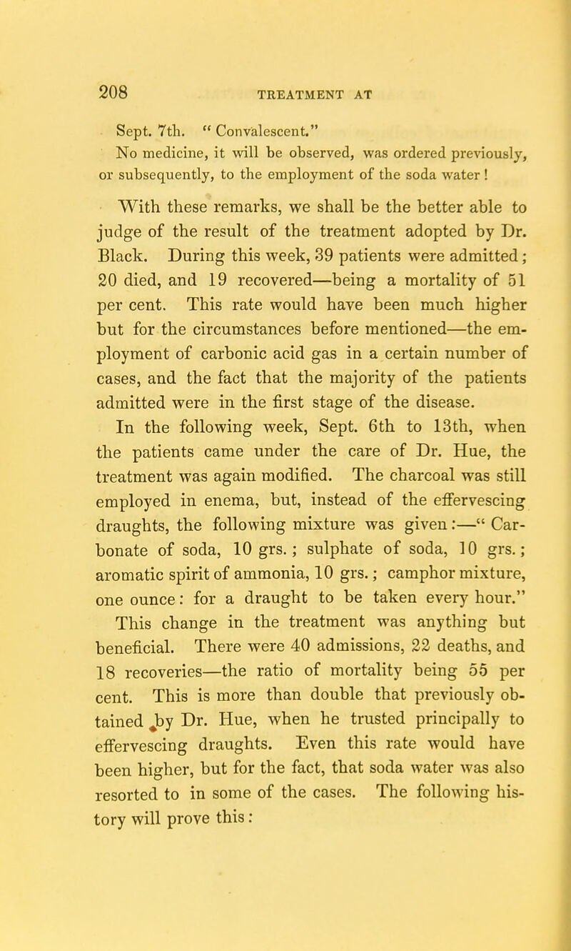 Sept. 7th.  Convalescent. No medicine, it will be observed, was ordered previously, or subsequently, to the employment of the soda water ! With these remarks, we shall be the better able to judge of the result of the treatment adopted by Dr. Black. During this week, 39 patients were admitted; 20 died, and 19 recovered—being a mortality of 51 per cent. This rate would have been much higher but for the circumstances before mentioned—the em- ployment of carbonic acid gas in a certain number of cases, and the fact that the majority of the patients admitted were in the first stage of the disease. In the following week, Sept. 6th to 13th, when the patients came under the care of Dr. Hue, the treatment was again modified. The charcoal was still employed in enema, but, instead of the effervescing draughts, the following mixture was given:— Car- bonate of soda, 10 grs.; sulphate of soda, 10 grs. ; aromatic spirit of ammonia, 10 grs.; camphor mixture, one ounce: for a draught to be taken every hour. This change in the treatment was anything but beneficial. There were 40 admissions, 22 deaths, and 18 recoveries—the ratio of mortality being 55 per cent. This is more than double that previously ob- tained J3y Dr. Hue, when he trusted principally to effervescing draughts. Even this rate would have been higher, but for the fact, that soda water was also resorted to in some of the cases. The following his- tory will prove this;
