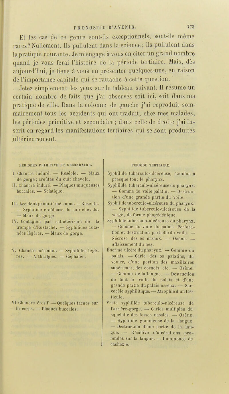 Et les cas de ce genre sont-ils exceptionnels, sont-ils même rares?Nullement. Ils pullulent dans la science; ils pullulent dans la pratique courante. Je m'engage à vous en citer un grand nombre quand je vous ferai l'histoire de la période tertiaire. Mais, dès aujourd'hui, je tiens i\ vous en présenter quelques-uns, en raison de l'importance capitale qui se rattache à cette question. Jetez simplement les yeux sur le tableau suivant. Il résume un certain nombre de faits que j'ai observés soit ici, soit dans ma pratique de ville. Dans la colonne de gauche j'ai reproduit som- mairement tous les accidents qui ont traduit, chez mes malades, les périodes primitive et secondaire; dans celle de droite j'ai in- scrit en regard les manifestations tertiaires qui se ^ont produites ultérieurement. PÉRIODES PRIMITIVE ET SECONDAIRE. I. Chancre induré. — Roséole. — Mau\ de gorge; croûtes du cuir chevelu. II. Chancre induré. — Plaques muqueuses buccales. — Sciatique. III. Accident primitif méconnu. —Roséole- — Syphilide croûLeuse du cuir chevelu. — Mnux de gorge. IV. Contagion par cathétérismo. de la trompe d'Eustaclie. — Syphilidcs cuta- nées légères. — Maux de gorge. V. Chancre méconnu. — Syphilides légè- res. — Arthralgies. —Céphalée. VI Chancre érosif. — Quelques tacnes sur le corps. — Plaques buccales. PÉRIODE TERTIAIRE. Syphilide tuberculo-ulcéreuse, étendue à presque tout le pharynx. Syphilide tuberculo-ulcéreuse du pharynx. — Gomme du voile palatin. — Destruc- tion d'une grande partie du voile. Syphilide tuberculo-ulcéreuse du pharynx. — Syphilide tuberculc-ulcéieuse de la verge, de forme phagédénique. Syphilide tuberculo-ulcéreuse du pharynx. — Gomme du voile du palais. Perfora- tion et destruction partielle du voile. — Nécrose des os nasaux. — Ozène. — Affaissement du nez. Énorme ulcère du pharynx. — Gomme du palais. — Carie des os palatins, du vomcr, d'une portion des maxillaires supérieurs, des cornets, etc. — Ozène. — Gomme de la langue. — Destruction de tout le voile du palais et d'une grande partie du palais osseux. — Sar- cocèle syphilitique. — Atrophie d'un tes- ticule. Vaste syphilide tuberculo-ulcéreuse de l'arrière-gorge. — Caries multiples du squelette des fosses nasales. — Ozène. — Syphilide gommeuse de la langue — Destruction d'une partie de la lan- gue. — Récidive d'ulcérations pro- fondes sur la langue. — Imminence de cachexie.