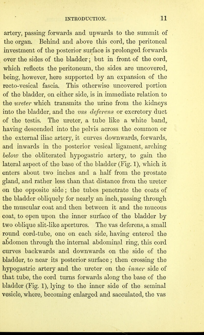 artery, passing forwards and upwards to the summit of the organ. Behind and above this cord, the peritoneal investment of the posterior surface is prolonged forwards over the sides of the bladder; but in front of the cord, which reflects the peritoneum, the sides are uncovered, being, however, here supported by an expansion of the recto-vesical fascia. This otherwise uncovered portion of the bladder, on either side, is in immediate relation to the ureter which transmits the urine from the kidneys into the bladder, and the vas deferens or excretory duct of the testis. The ureter, a tube like a white band, having descended into the pelvis across the common or the external iliac artery, it curves downwards, forwards, and inwards in the posterior vesical ligament, arching helo%o the obliterated hypogastric artery, to gain the lateral aspect of the base of the bladder (Fig. 1), which it enters about two inches and a half from the prostate gland, and rather less than that distance from the ureter on the opposite side; the tubes penetrate the coats of the bladder obliquely for nearly an inch, passing through the muscular coat and then between it and the mucous coat, to open upon the inner surface of the bladder by two oblique slit-like apertures. The vas deferens, a small round cord-tube, one on each side, having entered the abdomen through the internal abdominal ring, this cord curves backwards and downwards on the side of the bladder, to near its posterior surface; then crossing the hypogastric artery and the ureter on the inner side of that tube, the cord turns forwards along the base of the bladder (Fig. 1), lying to the inner side of the seminal vesicle, where, becoming enlarged and sacculated, the vas