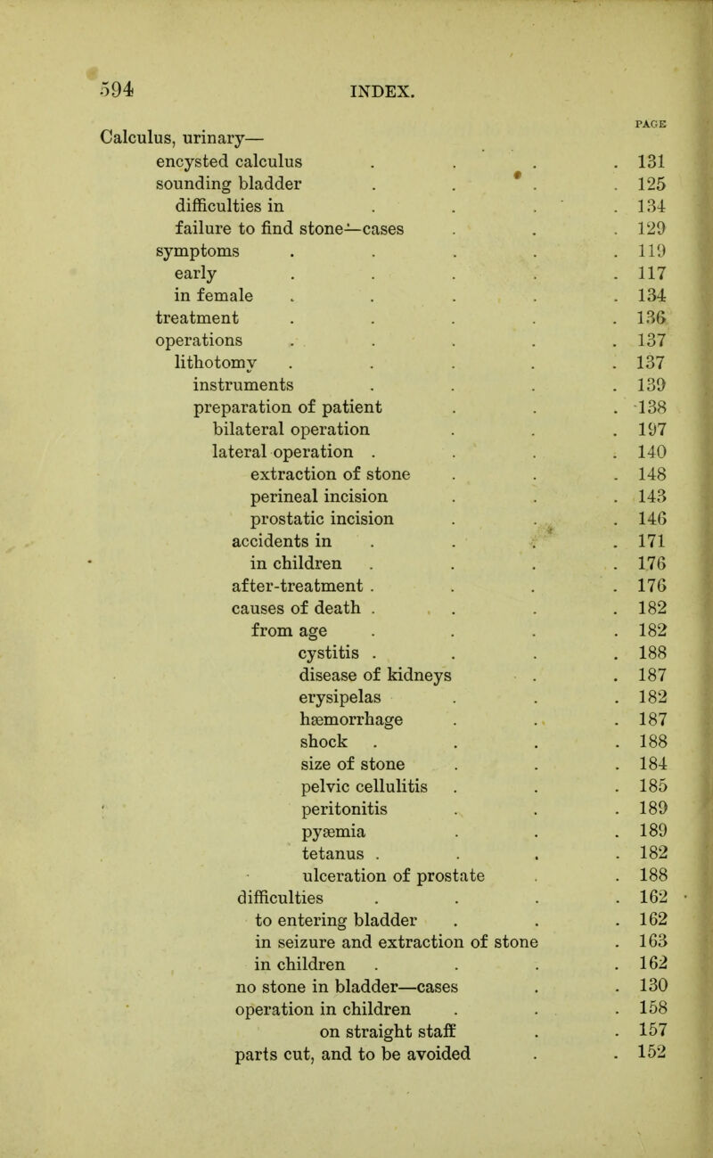 PAGE Calculus, urinary— encysted calculus .... 131 sounding bladder . . * . .125 difficulties in . . . ' . 134 failure to find stone—cases . . 129 symptoms . . . . .119 early . . . . .117 in female . . . . . 134 treatment . . . . .136 operations . . . . .137 lithotomy . . . . .137 instruments . . . .139 preparation of patient . . .138 bilateral operation . . .197 lateral operation .... 140 extraction of stone . . .148 perineal incision . . .143 prostatic incision . . 146 accidents in . . . .171 in children . . . .176 after-treatment . . . .176 causes of death . . . .182 from age .... 182 cystitis . . . .188 disease of kidneys . .187 erysipelas . . .182 hsemorrhage . . . 187 shock . . . .188 size of stone . . .184 pelvic cellulitis . . .185 peritonitis . . .189 pyaemia . . .189 tetanus .... 182 ulceration of prostate .188 difficulties . . . .162 to entering bladder . . .162 in seizure and extraction of stone . 163 in children . . .162 no stone in bladder—cases . .130 operation in children . . .158 on straight staff . .157 parts cut, and to be avoided . .152