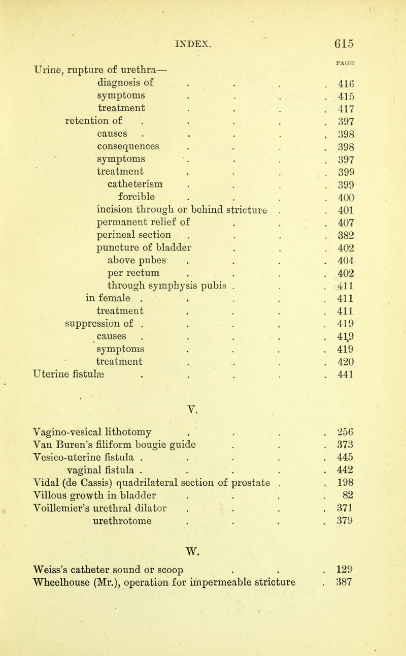 PAGE Urine, rupture of urethra— diagnosis of . . . .416 symptoms . . . . 415 treatment . . . .417 retention of . . . . . 397 causes . . . . , 398 consequences . , . . . 398 symptoms . . . 397 treatment . . . . 399 catheterism .... 399 forcible .... 400 incision through or behind stricture . . 401 permanent relief of . . . 407 perineal section . . . . 382 puncture of bladder . . . 402 above pubes .... 404 per rectum . . . , 402 through symphysis pubis . . .^11 in female . . . . .411 treatment . . . .411 suppression of . . . . .419 causes ..... 41^9 symptoms .... 419 treatment . . . . 420 Uterine fistulse . . . . .441 Y. Vagino-vesical lithotomy .... 256 Yan Buren's filiform bougie guide . . . 373 Yesico-uterine fistula ..... 445 vaginal fistula ..... 442 Yidal (de Cassis) quadrilateral section of prostate . .198 Yillous growth in bladder . . . .82 Yoillemier's urethral dilator . . . .371 urethrotome . . . . 379 W. Weiss's catheter sound or scoop . . . 129 Wheelhouse (Mr.), operation for impermeable stricture . 387