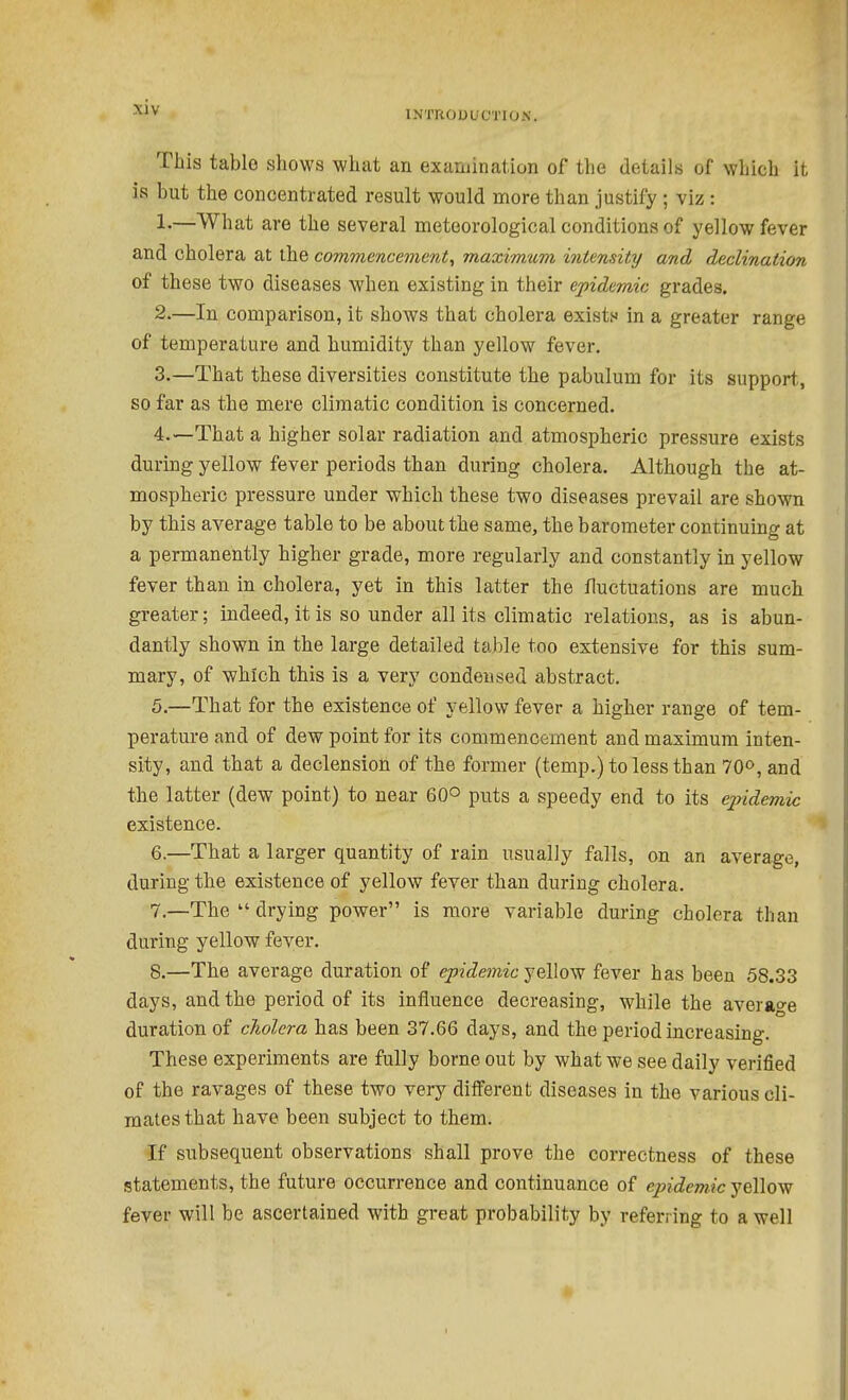 INTRODUCTION. This table shows what an examination of the details of which it is but the concentrated result would more than justify; viz : 1. —What are the several meteorological conditions of yellow fever and cholera at the commencement^ maximum intensity and declination of these two diseases when existing in their epidemic grades. 2. —In comparison, it shows that cholera exists^ in a greater range of temperature and humidity than yellow fever. 3. —That these diversities constitute the pabulum for its support, so far as the mere climatic condition is concerned. 4. —That a higher solar radiation and atmospheric pressure exists during yellow fever periods than during cholera. Although the at- mospheric pressure under which these two diseases prevail are shown by this average table to be about the same, the barometer continuing at a permanently higher grade, more regularly and constantly in yellow fever than in cholera, yet in this latter the fluctuations are muchi greater; indeed, it is so under all its climatic relations, as is abun- dantly shown in the large detailed table too extensive for this sum- mary, of which this is a very condensed abstract. 5. —That for the existence of yellow fever a higher range of tem- perature and of dew point for its commencement and maximum inten- sity, and that a declension of the former (temp.) to less than 70°, and the latter (dew point) to near 60° puts a speedy end to its epidemic existence. 6. —That a larger quantity of rain usually falls, on an average, during the existence of yellow fever than during cholera. 7. —The  drying power is more variable during cholera than during yellow fever. 8. —The average duration of epidemic yellow fever has been 58.33 days, and the period of its influence decreasing, while the average duration of cJwlcra has been 37.66 days, and the period increasing. These experiments are fully borne out by what we see daily verified of the ravages of these two very different diseases in the various cli- mates that have been subject to them. If subsequent observations shall prove the correctness of these statements, the future occurrence and continuance of epidemic yellow fever will be ascertained with great probability by referring to a well