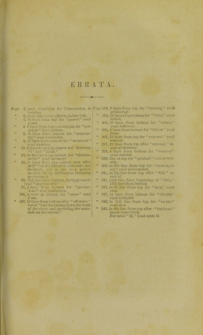 E R R A T A . Pngn i!, rnr.il Conditio for Comiuissinn, in hi'ii.lin-j  3, Vfi-l ';rtu'.-i,i fiir iilfluvin, iu lin'^ 1 ItTi. ' 4, 14 lia.io iroia top lor pusses' read puss It.  5 I'j liuj:? from lop—on margin, for pos- tnhita rr;iii itrobata. ■' 5, KJ linos troi,' bottom for reasonii- bly ri!!iii sranannblij.  0, 17 linos trom buttom for  members j-LMil niint'ici's. •' 12, G lines fi-iiin top—insort wf* between nn:\ l!i:nk. *' Hi, in -tth line f'uin bottom for thermo- mi:ter'' reml ■'taromi-.lc.r,  25, 11 hiioa froiii top—Attach note nfter ao.'i* on tho 23d nftfir epitlemic had dp'-.lined, at thu veiy perio'l ni:i.' keci for its declination, evidently privdu'-ins; it.''  125, 17ib line from bottom, forhygrometic read  hyj;roin''tric. 91, 5 lino:- IVoiii biittom for produc- n.ms '■ rf a<l production.. 106, in note at bottom for same read I am.  107, 18 lines from bottom after  oft'ensive  iiisfrt  and tlie cutting down the bank of the river, and spreading the mate- rials on the streets. P.ige 109, 9 lines from top for causing rea'd  182, 16 lines from bottom for lethal read Ici.hnle.  200, 1!) lines from bottom for nature read injlunice.  200, 2 lines from bottom for fellow  rc.-id fe.ep.r.  207, 15 lines from top for renewal  read rf-moval,  211, 12 linos from top after amount, in- sert of moistiin:.  221, 4 lines from bottom for secured read sewered  228, line at top for  gradual read grndu- ally.  239, iu 8th line from top for '' nionaxyri- nal  read vwnoxysmnl.  241, in 7th line fiom top after fifty in seit of.  241, omit two lines beginning at  lOth,  13th line from bottom.  247, in 2d line from top for  men read even  247, 14 lines from bottom for 200,000 read 2,000,000  248, in 11th line from top for on the read ns a.  249, in 9th line from top after burthens insert respcr.tivcly For table  H,  read table G.