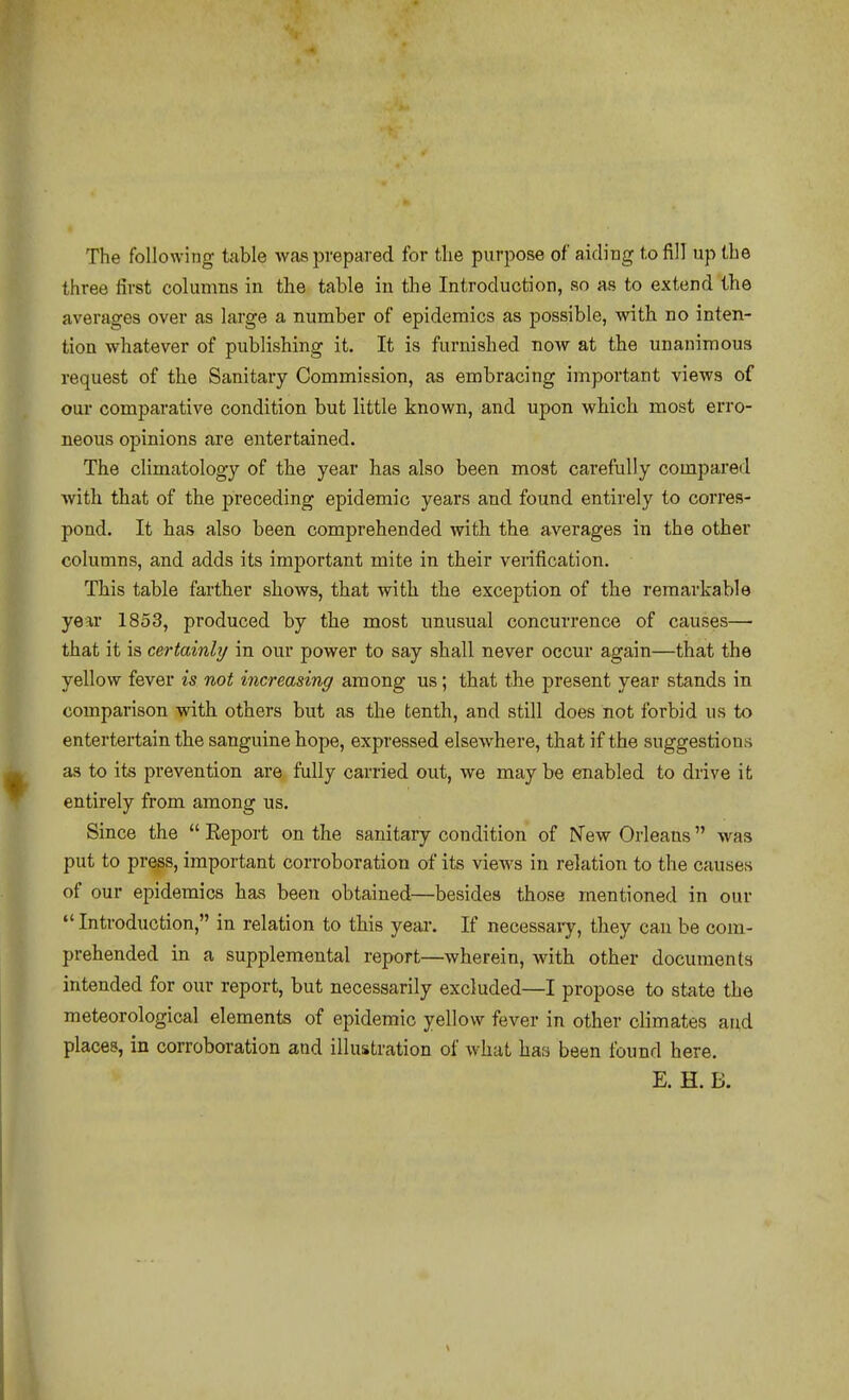 The following table was prepared for the purpose of aiding to fill up the three first columns in the table in the Introduction, vso as to extend the averages over as large a number of epidemics as possible, vnth no inten- tion whatever of publishing it. It is furnished now at the unanimous request of the Sanitary Commission, as embracing important views of our comparative condition but little known, and upon which most erro- neous opinions are entertained. The climatology of the year has also been moat carefully compared with that of the preceding epidemic years and found entirely to corres- pond. It has also been comprehended with the averages in the other columns, and adds its important mite in their verification. This table farther shows, that witli the exception of the remarkable year 1853, produced by the most unusual concurrence of causes— that it is certainly in our power to say shall never occur again—that the yellow fever is not increasing among us; that the present year stands in comparison with others but as the tenth, and still does not forbid us to entertertain the sanguine hope, expressed elsewhere, that if the suggestions as to its prevention are fully carried out, we may be enabled to drive it entirely from among us. Since the Report on the sanitary condition of New Orleans was put to press, important corroboration of its views in relation to the causes of our epidemics has been obtained—besides those mentioned in our Introduction, in relation to this year. If necessaiy, they can be com- prehended in a supplemental report—wherein, with other documents intended for our report, but necessarily excluded—I propose to state the meteorological elements of epidemic yellow fever in other climates and places, in corroboration and illustration of what has been found here. E. H. B.