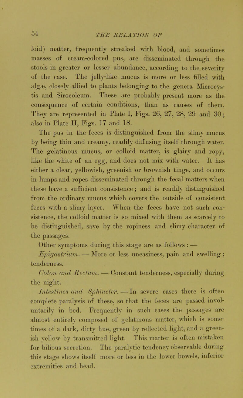 loid) matter, frequently streaked with blood, and sometimes masses of cream-colored pus, are disseminated through the stools in greater or lesser abundance, according to the severity of the case. The jelly-like mucus is more or less filled with algae, closely allied to plants belonging to the genera Microcys- tis and Sirocoleuni. These are probably present more as the consequence of certain conditions, than as causes of them. They are represented in Plate I, Figs. 26, 27, 28, 29 and 30; also in Plate II, Figs. 17 and 18. The pus in the feces is distinguished from the slimy mucus by being thin and creamy, readily diffusing itself through water. The gelatinous mucus, or colloid matter, is glairy and ropy, like the white of an egg, and does not mix with water. It has either a clear, yellowish, greenish or brownish tinge, and occurs in lumps and ropes disseminated through the fecal matters when these have a sufficient consistence; and is readily distinguished from the ordinary mucus which covers the outside of consistent feces with a slimy layer. When the feces have not such con- sistence, the colloid matter is so mixed with them as scarcely to be distinguished, save by the ropiness and slimy character of the passages. Other symptoms during this stage are as follows : — Eingastrium. — More or less uneasiness, pain and swelling ; tenderness. Colon and Rectum. — Constant tenderness, especially during the night. Intest'mes and Spliincter. — In severe cases there is often complete paralysis of these, so that the feces are passed invol- untarily in bed. Frequently in such cases the passages are almost entirely composed of gelatinous matter, which is some- times of a dark, dirty hue, green by reflected light, and a green- ish yellow by transmitted light. This matter is often mistaken for bilious secretion. The paralytic tendency observable during this stag-e shows itself more or less in the lower bowels, inferior extremities and head.