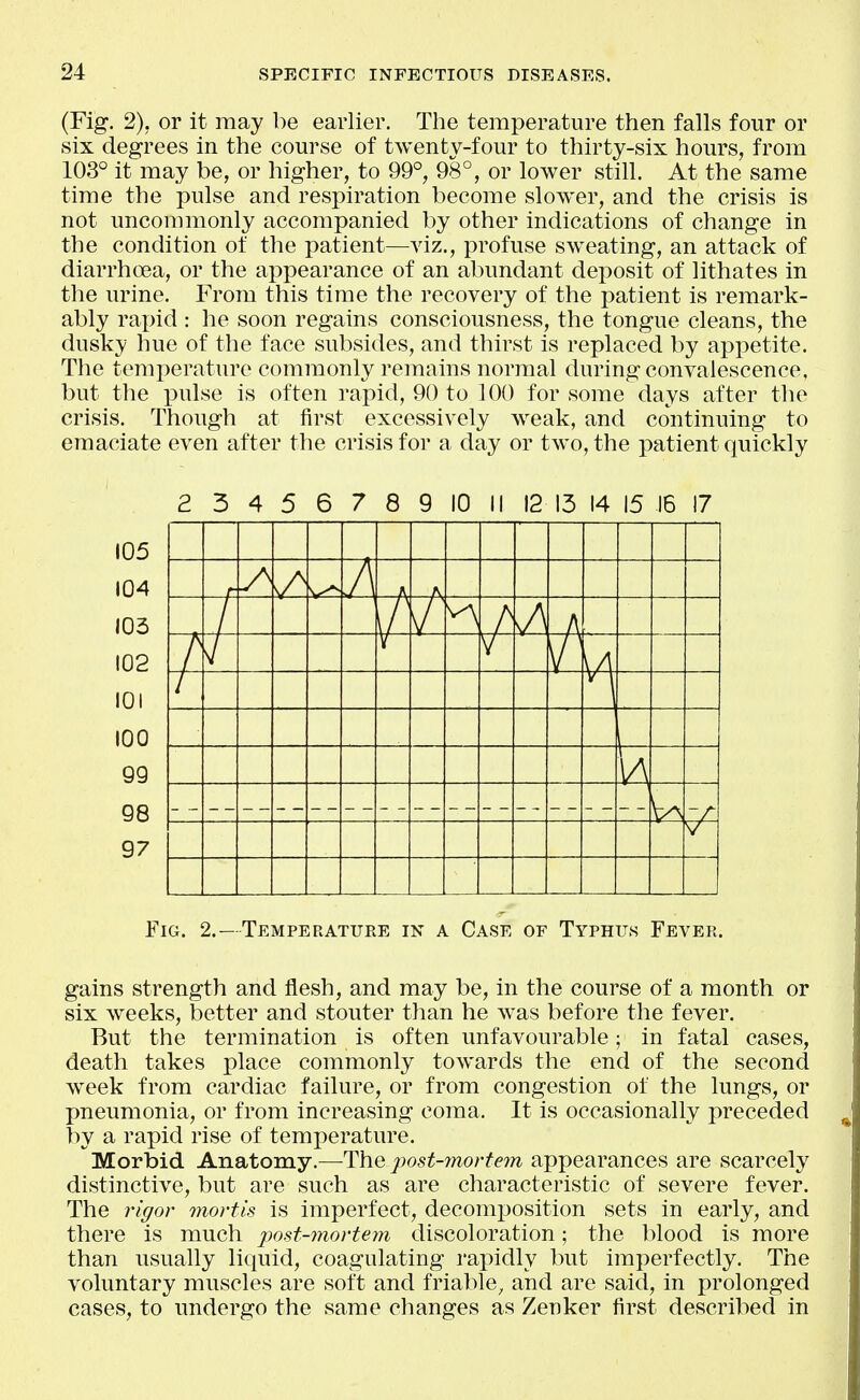 (Fig. 2), or it may be earlier. The temperature then falls four or six degrees in the course of twenty-four to thirty-six hours, from 103° it may be, or higher, to 99°, 98°, or lower still. At the same time the pulse and respiration become slower, and the crisis is not uncommonly accompanied by other indications of change in the condition of the patient—viz., profuse sweating, an attack of diarrhoea, or the appearance of an abundant deposit of lithates in the urine. From this time the recovery of the patient is remark- ably rapid : he soon regains consciousness, the tongue cleans, the dusky hue of the face subsides, and thirst is replaced by appetite. The temperature commonly remains normal during convalescence, but the pulse is often rapid, 90 to 100 for some days after the crisis. Though at first excessively weak, and continuing to emaciate even after the crisis for a day or two, the patient quickly 2 3 4 5 6 7 8 9 10 II 12 13 14 15 16 17 A t 105 104 103 102 101 100 99 98 97 Fig. 2.- Temperature in a Case of Typhus Fever. gains strength and flesh, and may be, in the course of a month or six weeks, better and stouter than he was before the fever. But the termination is often unfavourable; in fatal cases, death takes place commonly towards the end of the second week from cardiac failure, or from congestion of the lungs, or pneumonia, or from increasing coma. It is occasionally preceded by a rapid rise of temperature. Morbid Anatomy.—The post-mortem appearances are scarcely distinctive, but are such as are characteristic of severe fever. The riffor mortis is imperfect, decomposition sets in early, and there is much post-morteyn discoloration; the blood is more than usually liquid, coagulating rapidly but imperfectly. The voluntary muscles are soft and friable, and are said, in prolonged cases, to undergo the same changes as Zenker first described in