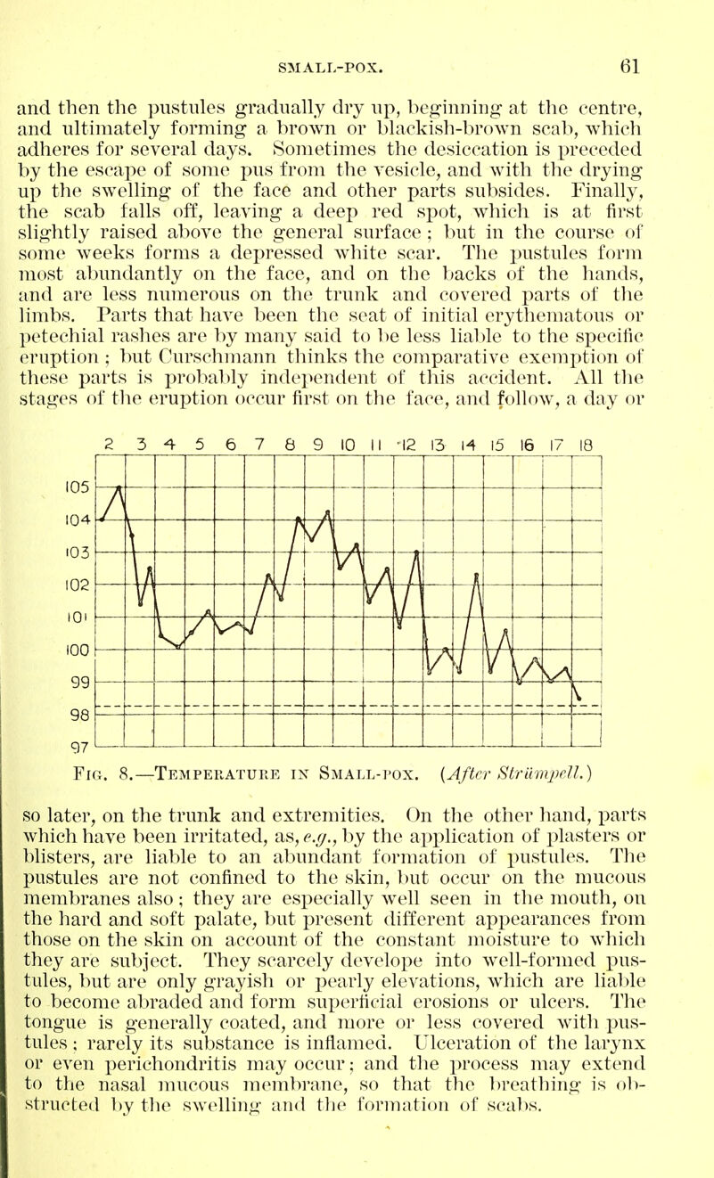 and then the pustnles gradually dry np, beginning at the centre, and ultimately forming a brown or blackish-brown scab, which adheres for several days. Sometimes the desiccation is preceded by the escape of some ims from the vesicle, and with the drying up the swelling of the face and other parts subsides. Finally, the scab falls off, leaving a deep red spot, which is at first slightly raised above the general surface ; but in the course of some weeks forms a depressed white scar. The pustules form most abundantly on the face, and on the 1 tacks of the hands, and are less numerous on the trunk and covered parts of the limbs. Parts that have been the seat of initial erythematous or petechial rashes are by many said to be less lial>le to the specific eruption ; but Curschmann thinks the comparative exemption of these parts is probably index^endent of this accident. All the stages of the eruption occur first on the face, and follow, a day or 34 5 67 89 10 II i2 13 K l5 16 17 18 FiCx. 8.—Temperature in Small-pox. {After Striimpell.) so later, on the trunk and extremities. On the other hand, parts which have been irritated, as, ^>by the api^lication of i:)lasters or blisters, are liable to an abundant formation of pustules. The pustules are not confined to the skin, Init occur on the mucous membranes also; they are especially well seen in the mouth, on the hard and soft palate, but present different appearances from those on the skin on account of the constant moisture to which they are subject. They scarcely develope into well-formed pus- tules, but are only grayish or pearly elevations, which are lial)le to become abraded and form sux)erficial erosions or ulcers. The tongue is generally coated, and more or less covered with pus- tules ; rarely its substance is inflamed. Ulceration of the larynx or even x^erichondritis may occur; and the process may extend to the nasal mucous membrane, so that the breathing is olv structed l)y the swelling and the formation of scabs.