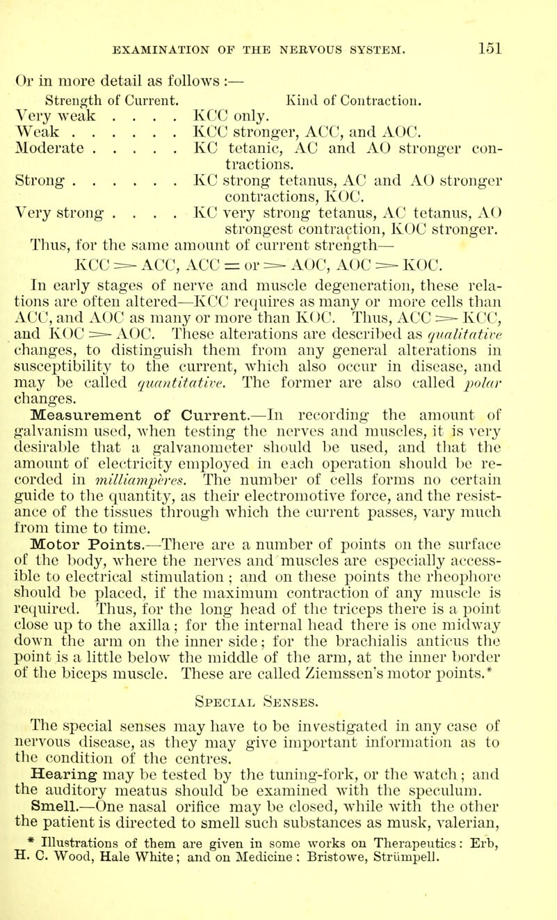 Or in more detail as follows :— Strength of Current. Kind of Contraction. Very weak .... KCC only. Weak KCC stronger, ACC, and AOC. Moderate KC tetanic, AC and AO stronger con- tractions. Strong KC strong tetanus, AC and AO stronger contractions, KOC. Very strong .... KC very strong tetanus, AC tetanus, AO strongest contraction, KOC stronger. Thus, for the same amount of current strength— KCC ACC, ACC — or >- AOC, AOC KOC. In early stages of nerve and muscle degeneration, these rela- tions are often altered—KCC requires as many or more cells than ACC, and AOC as many or more than KOC. Thus, ACC ==- KCC, and KOC - - AOC. These alterations are described as qiialitative changes, to distinguish them from any general alterations in susceptibility to the current, w^hich also occur in disease, and may be called quantitative. The former are also called 2^oIar changes. Measurement of Current.—In recording the amount of galvanism used, when testing the nerves and muscles, it is very desirable that a galvanometer should be used, and that the amount of electricity employed in each operation should be re- corded in milliamperes. The number of cells forms no certain guide to the quantity, as their electromotive force, and the resist- ance of the tissues through which the current passes, vary much from time to time. Motor Points.—There are a number of points on the surface of the body, where the nerves and muscles are especially access- ible to electrical stimulation ; and on these points the rheophore should be placed, if the maximum contraction of any muscle is required. Thus, for the long head of the triceps there is a point close up to the axilla; for the internal head there is one midway down the arm on the inner side; for the brachialis anticus the point is a little below the middle of the arm, at the inner border of the biceps muscle. These are called Ziemssen's motor points.* Special Senses. The special senses may have to be investigated in any case of nervous disease, as they may give important information as to the condition of the centres!^ Hearing may be tested by the tuning-fork, or the Avatch ; and the auditory meatus should be examined with the speculum. Smell.—One nasal orifice may be closed, while with the other the patient is directed to smell such substances as musk, valerian, * Illustrations of them are given in some works on Therapeutics: Erb, H. C. Wood, Hale White; and on Medicine ; Bristowe, Striimpell.