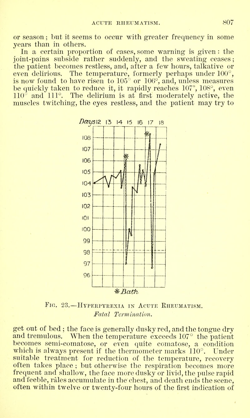 or season; but it seems to occur with greater frequency in some years than in others. In a certain x)roportion of cases, some warning is given: the joint-pains subside rather suddenly, and the sweating ceases; tlie i)atient becomes restless, and, after a few hours, talkative or even delirious. The temperature, formerly perhaps under 100°, is now found to have risen to 10-5 ' or 10()°, and, unless measures be quickly taken to reduce it, it rapidly reaches 107°, 108^, even 110 and 111°. The delirium is at first moderately active, the muscles twitching, the eyes restless, and the patient may try to '512 13 14 15 16 17 18 Fig. 23.—Hypehpyhexia in Acute Rheumatism. Fatal Termination. get out of bed ; the face is generally dusky red, and the tongue dry and tremulous. When the temperature exceeds 107° the patient becomes semi-comatose, or even quite comatose, a condition Avhich is always present if the thermometer marks 110°. Under suitable treatment for reduction of the temperature, recovery often takes place ; but otherwise the resj^iration becomes more frequent and shallow, the face more dusky or livid, the pulse rapid and feeble, nlles accumulate in the chest, and death ends the scene, often within twelve or twenty-four hours of the first indication of