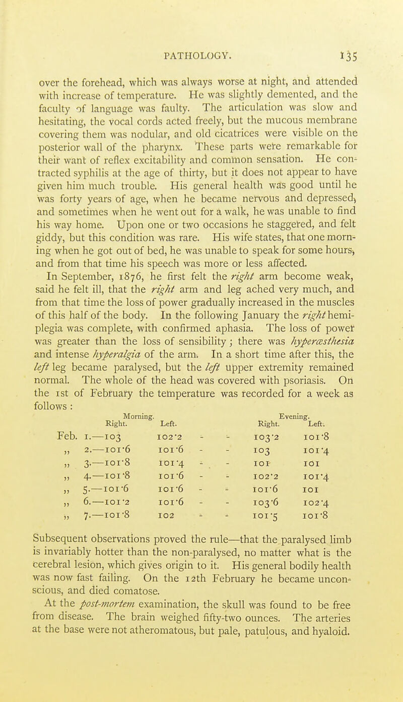 over the forehead, which was always worse at night, and attended with increase of temperature. He was slightly demented, and the faculty of language was faulty. The articulation was slow and hesitating, the vocal cords acted freely, but the mucous membrane covering them was nodular, and old cicatrices were visible on the posterior wall of the pharynx. These parts wete remarkable for their want of reflex excitability and common sensation. He con- tracted syphilis at the age of thirty, but it does not appear to have given him much trouble. His general health was good until he was forty years of age, when he became nervous and depressed) and sometimes when he went out for a walk, he was unable to find his way home. Upon one or two occasions he staggered, and felt giddy, but this condition was rare. His wife states, that one morn- ing when he got out of bed, he was unable to speak for some hours-, and from that time his speech was more or less affected. In September, 1876, he first felt the right arm become weak, said he felt ill, that the right arm and leg ached very much, and from that time the loss of power gradually increased in the muscles of this half of the body. In the following January the n^/^/hemi- plegia was complete, with confirmed aphasia. The loss of powet was greater than the loss of sensibility; there was hypercesthesia and intense hyperalgia of the arm. In a short time a,fter this, the left leg became paralysed, but the left upper extremity remained normal. The whole of the head was covered with psoriasis. On the I St of February the temperature was recorded for a week as follows : Morning. Right. Left. Evening. Right. Left. Feb. I.—103 I022 103-2 IOI-8 >) 2. IOI'6 IOI*6 103 101-4 )) 3.—lorS IDI*4 lor lOI 11 4.—loi'S ioi6 I022 101-4 >) 5.—IOI-6 ioi6 toi'6 lOI )> 6. IOI'2 ioi6 103-6 102-4 )) 7.—loi'S 102 IOI-5 IOI-8 Subsequent observations proved the rule—that the paralysed limb is invariably hotter than the non-paralysed, no matter what is the cerebral lesion, which gives origin to it. His general bodily health was now fast failing. On the 12th February he became uncon- scious, and died comatose. At the post-7)iortem examination, the skull was found to be free from disease. The brain weighed fifty-two ounces. The arteries at the base were not atheromatous, but pale, patulous, and hyaloid.