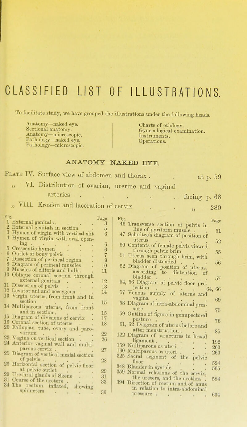 CLASSIFIED LIST OF ILLUSTRATIONS. To facilitate study, we have grouped the illustrations under the following heads. Anatomy—naked eye. Sectional anatomy. Anatomy—microscojjic. Pathology—naked eye. Pathology—microscopic. Charts of etiology. Gynecological examination. Instruments. Operations. ANATOMY—NAKED BYE. Plate IV. Surface view of abdomen and thorax . „ VI. Distribution of ovarian, iiterine and vaginal arteries .... „ VIII. Erosion and laceration of cervix ■^^o* P.IQre V\rr 1 External genitals. . . . °3 2 External genitals in section . 5 3 Hymen of virgin with vertical slit 6 4 Hymen of virgin with oval open- ing 6 .5 Crescentic hymen ... 6 6 Outlet of bony pelvis ... 7 7 Dissection of perineal region . 9 8 Diagram of perineal muscles . 10 9 Muscles of clitoris and bulb . . 11 10 Oblique coronal section through external genitals ... 12 11 Dissection of pelvis ... 13 12 Levator ani and coccygeus . . 14 13 Virgin uterus, from front and in section 15 14 Multiparous uterus, from front and in section .... 1,5 15 Diagram of divisions of cervix '. 17 16 Coronal section of uterus . . 18 20 Fallopian tube, ovary and paro- varium 22 23 Vagina on vertical section . . 2(5 24 Anterior vaginal wall and multi- parous cervix .... 27 2o Diagram of vertical mesial section of pelvis 28 26 Horizontal section of pelvic floor at pelvic outlet . 29 29 Urethral glands of Skene . '. 31 31 Course of the ureters ... 33 34 The rectum inflated, showing sphincters • ... 36 at p. 59 facing p. 68 280 46 Transverse section of pelvis in line of pyriform muscle . . 51 47 Schultze's diagram of position of uterus 52 50 Contents of female pelvis viewed through pelvic brim . . 55 51 Uterus seen through brim, with bladder distended ... 56 52 Diagram of position of uterus', according to distention of bladder ..... 57 64, 56 Diagram of pelvic floor pro- jection ... . 64, 66 57 Venous supply of uterus and vagina qq 58 Diagram of intra-abdominal pres- sure 59 Outline of figure in genupectorai posture jQ 61, 62 Diagram of uterus before and after menstruation ... 85 122 Diagram of structures in broad ligament 192 159 Nulliparous os uteri . . ', 260 160 Midtiparous os uteri . . . 260 325 Sacral segment of the pelvic floor 524 348 Bladder in systole . . '. 555 359 Normal relations of the cervixj tile ureters, and the urethra . 584 394 Direction of rectum and of anus in relation to iutra-ab{lominal pressure (304