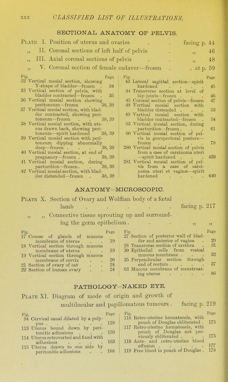 SECTIONAL ANATOMY OF PELVIS. Plate I. Position of uterus and ovaries . . facing p. 44 ,, II. Coronal sections of left half of pelvis . „ 46 ,, III. Axial coronal sections of pelvis . . ,,48 J, V. Coronal section of female cadaver—frozen . . at p. 59 Page Pig. 32 Vertical mesial section, showing Y-shape of bladder—frozen . Vertical section of pelvis, witli bladder contracted—frozen Vertical mesial section showing peritoneum—frozen . 38, 39 Vertical mesial section, with blad- der contracted, showing peri- toneum—frozen . . 38 Vertical mesial section, with ute- rus drawn back, showing peri- toneum—spirit hardened 38. Vertical mesial section with peri- toneiim dipping abnormally deep—frozen ... 38, 39 40 Vertical mesial section, at end of pregnancy—frozen . . 38, 39 41 Vertical mesial section, during parturition—frozen. . 38, 39 42 Vertical mesial section, with blad- der distended—frozen . 38, 39 33 36 37 38 39 34 35 39 39 Fig. 43 Lateral sagittal section—spirit hardened . . 44 Transverse section at level of hip-joints—frozen . 45 Corona] section of pelvis—frozen 48 Vertical mesial section with bladder distended . 49 Vertical mesial section with bladder contracted—frozen 53 Vertical mesial section, during parturition—frozen. 60 Vertical mesial section of pel- vis in genupectoral posture— frozen ..... 280 Vertical mesial section of pelvis from a case of carcinoma uteri —spirit hardened . 281 Vertical mesial section of pel- vis from a case of carci- noma uteri et vaginse—spirit hardened .... Page 45 46 47 53 54 61 78 439 440 ANATOMY—MICROSCOPIC. Plate X. Section of Ovary and Wolffian body of a foetal lamb ..... facing p. 217 Connective tissue sprouting up and surround- ing tlie germ epithelium... » )> Fig. Page 17 Course of glands of mucous membrane of uterus . . 19 18 Vertical section through mucous membrane of uterus . . 19 19 Vertical section through mucous membrane of cervix . . 20 21 Section of ovary of cat . . 24 22 Section of human ovary . . 24 Fig. Page 27 Section of posterior wall of blad- der and anterior of vagina . 29 28 Transverse section of urethra . 31 30 Epithelial cells from vesical mucous membrane ... 32 35 Perpendicular section through end of rectum .... 37 63 Mucous membrane of menstruat- ing uterus .... 86 PATHOLOGY—NAKED EYE. Plate XI. Diagram of mode of origin and growth of multilocular and papillomatous tumours . Fig. Pn,ge 94 Cervical canal dilated by a poly- pus 113 Uterus bound down by peri- tonitic adhesions 114 Uterus retroverted and fixed with adliesions .... 115 Uterus drawn to one side by peritonitic adhesions fiacing p. 219 128 159 163 168 Pig- 116 Ketro-uterine hasmatocele, with pouch of Douglas obliterated . 117 Retro-uterine hasmatocele, with pouch of Douglas not pre- viously obliterated . 118 Ante- and retro-uterine blood effusion . . . . . 119 Free blood iu pouch of Douglas . Page 175 175 177 178