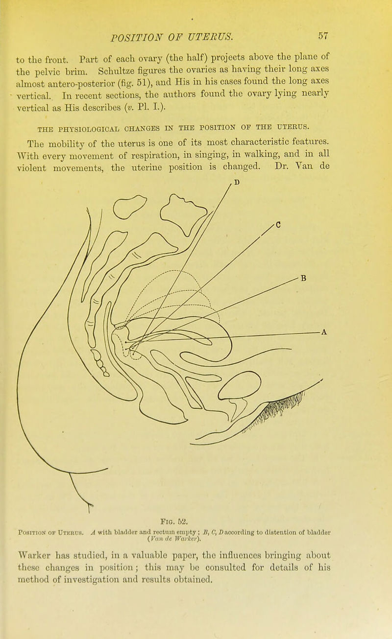 to the front. Part of each ovary (the half) projects above the plane of the pelvic brim. Schultze figures the ovaries as having their long axes almost antero-posterior (fig. 51), and His in his cases found the long axes vertical. In recent sections, the authors found the ovary lying nearly vei-tical as His describes (y. PI. I.). THE PHYSIOLOGICAL CHANGES IN THE POSITION OF THE UTEEUS. The mobility of the uterus is one of its most characteristic features. With every movement of respiration, in singing, in walking, and in all violent movements, the uterine position is changed. Dr. Van de Fig. 52. Position of Utkrus. A with blnrtder and rectum empty; J3, C, D according to distention of bladder (Fa)i dc Warkcr). Warker has studied, in a valuable paper, the influences bringing about these changes in position; tliis may be consulted for details of his method of investigation and results obtained.